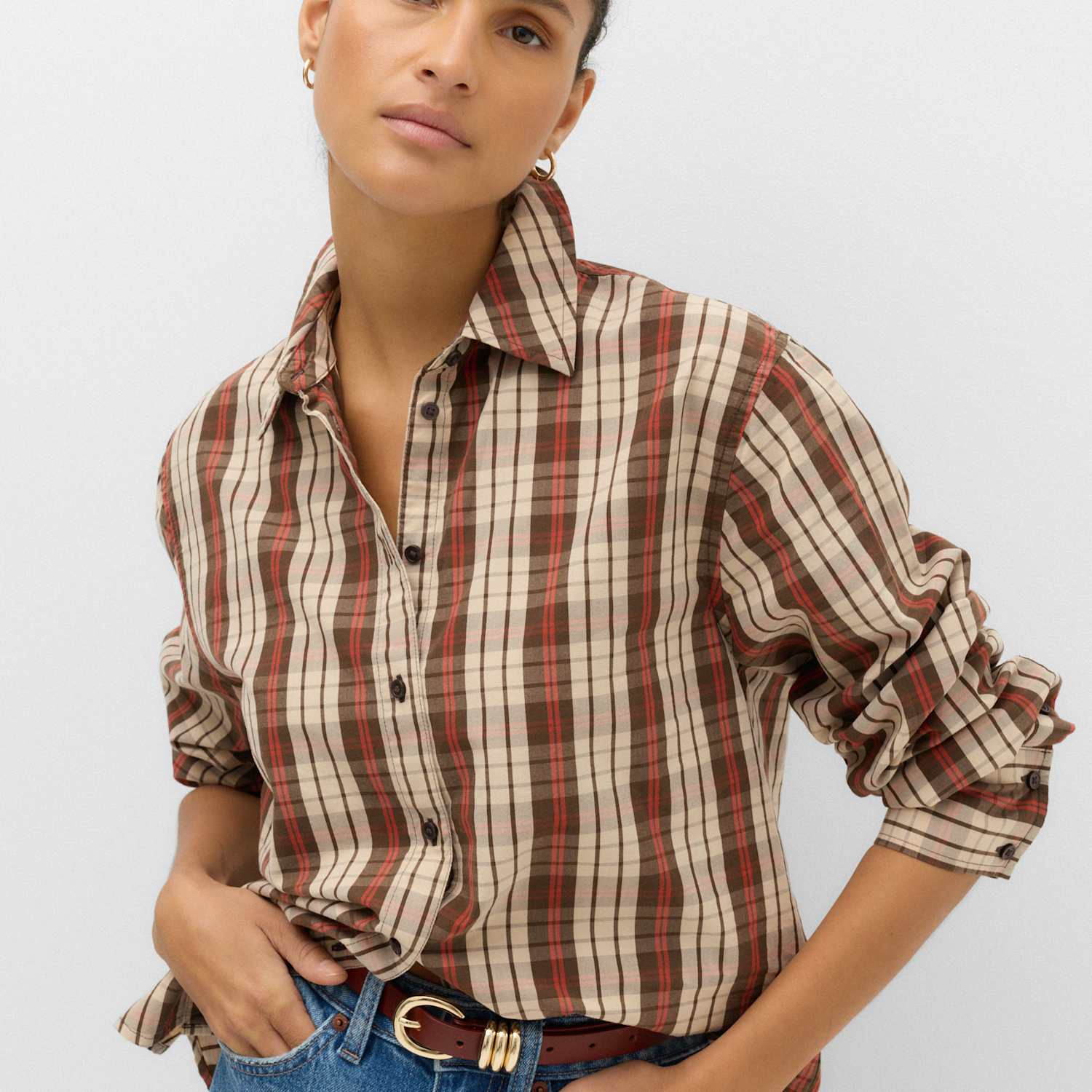 M&S Women's Pure Cotton Checked Shirt - 12 - Red Mix