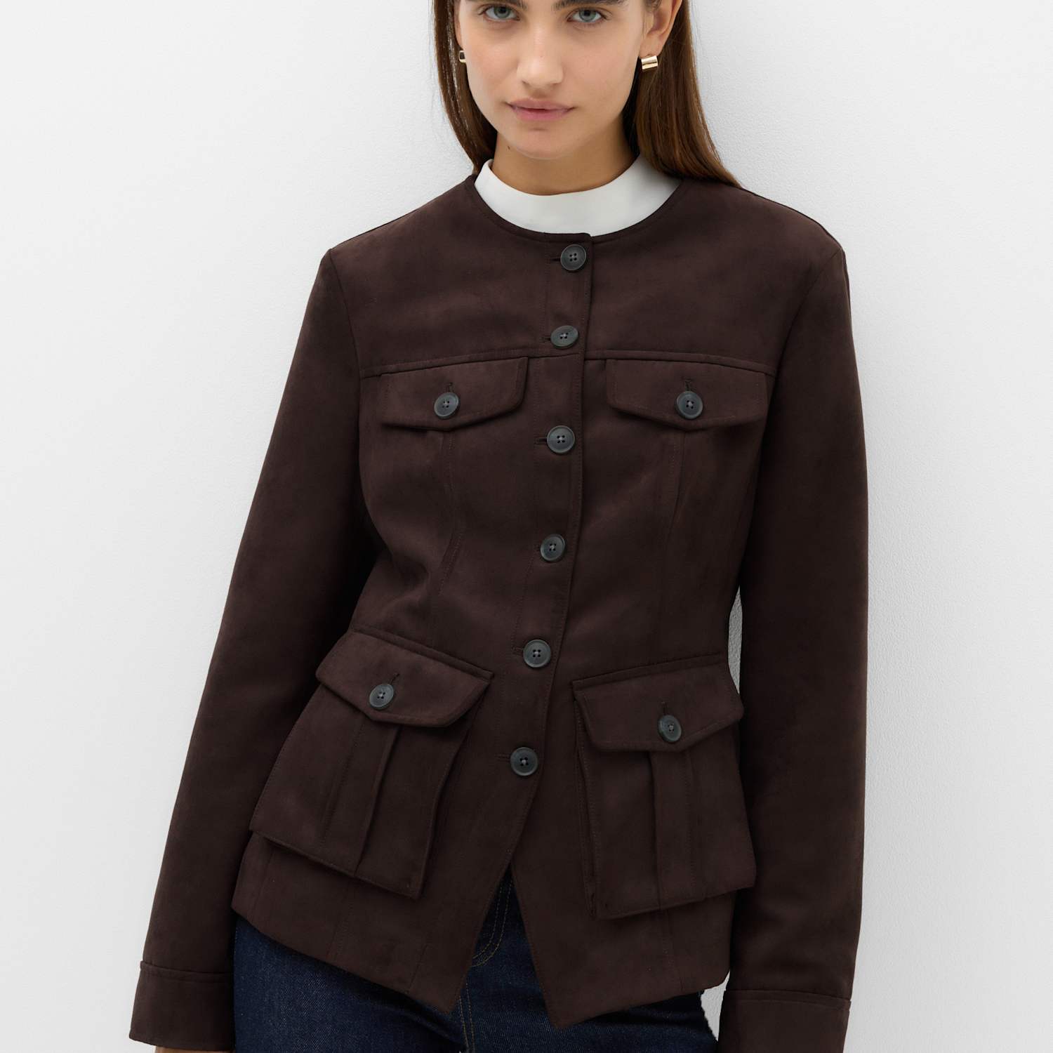 M&S Women's Faux Suede Colarless Utility Jacket - 8 - Bitter Chocolate