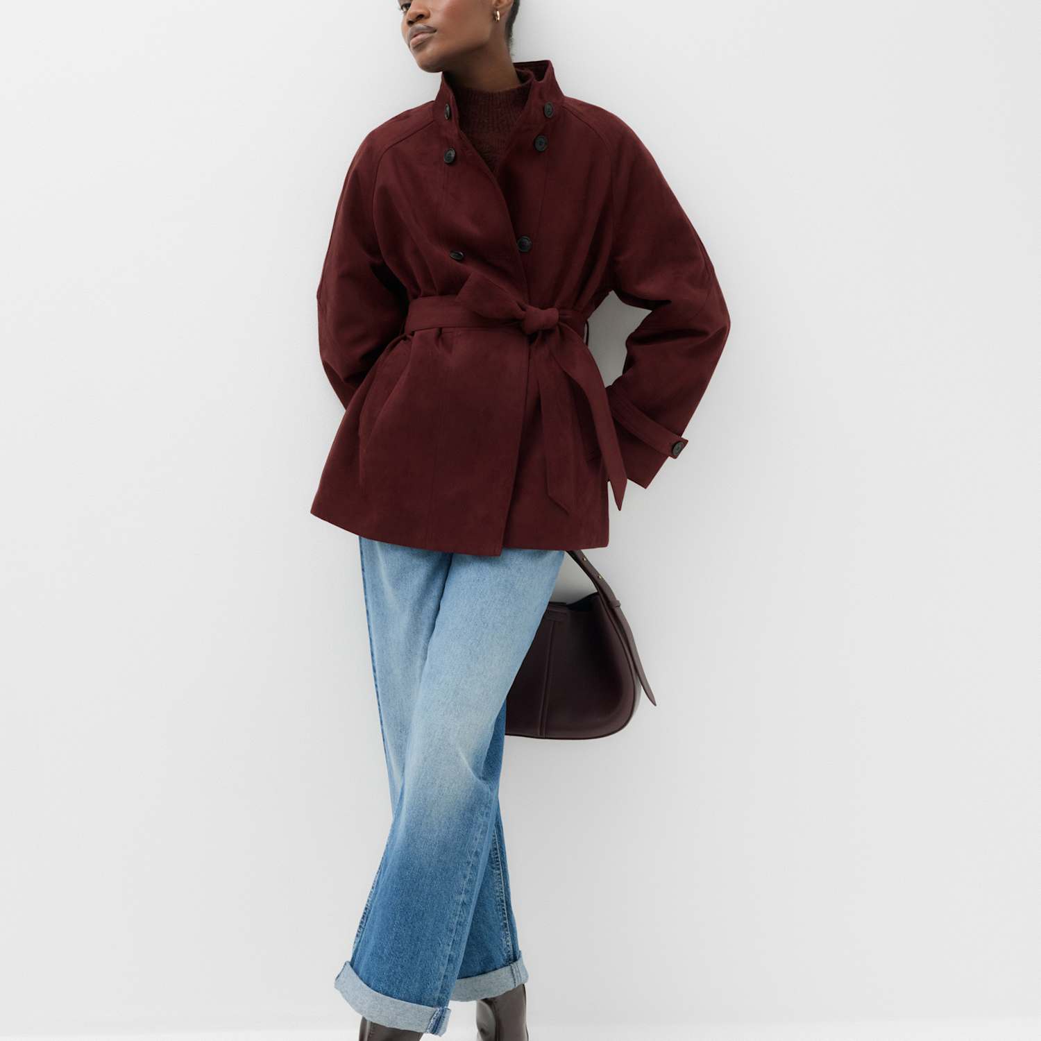 M&S Women's Suedette Funnel Neck Short Trench Coat - 16 - Burgundy