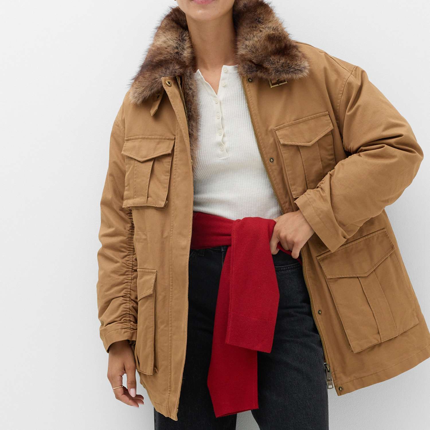 M&S Women's Pure Cotton Faux Fur Trim Parka Jacket - Large - Brown