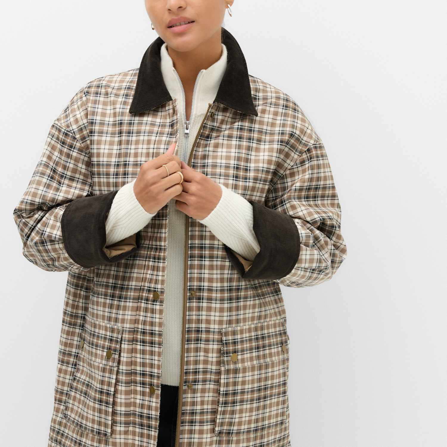 M&S Women's Checked Barn Jacket - Small - Brown Mix