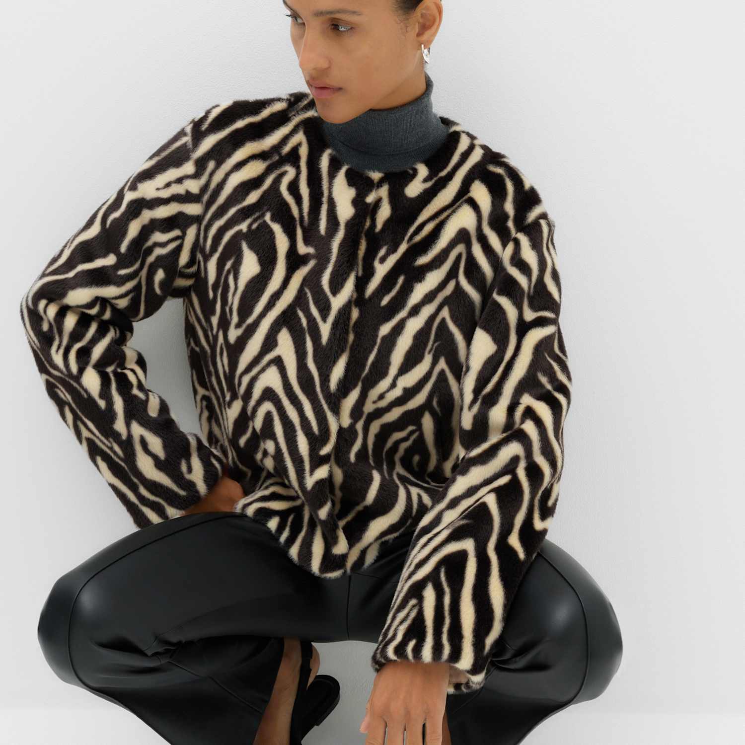 M&S Women's Faux Fur Zebra Print Short Jacket - 16 - Ivory Mix
