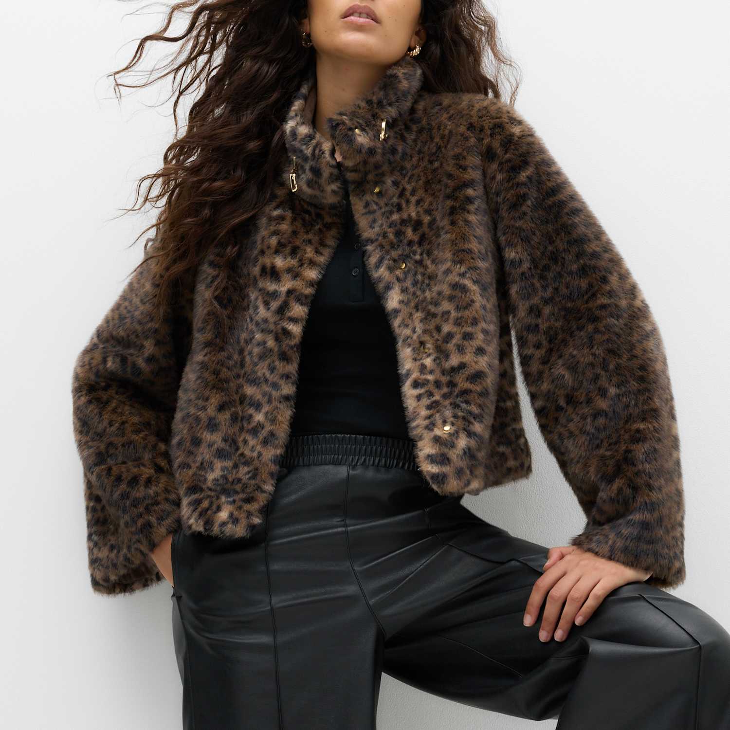 M&S Women's Faux Fur Funnel Neck Cropped Jacket - Small - Brown Mix