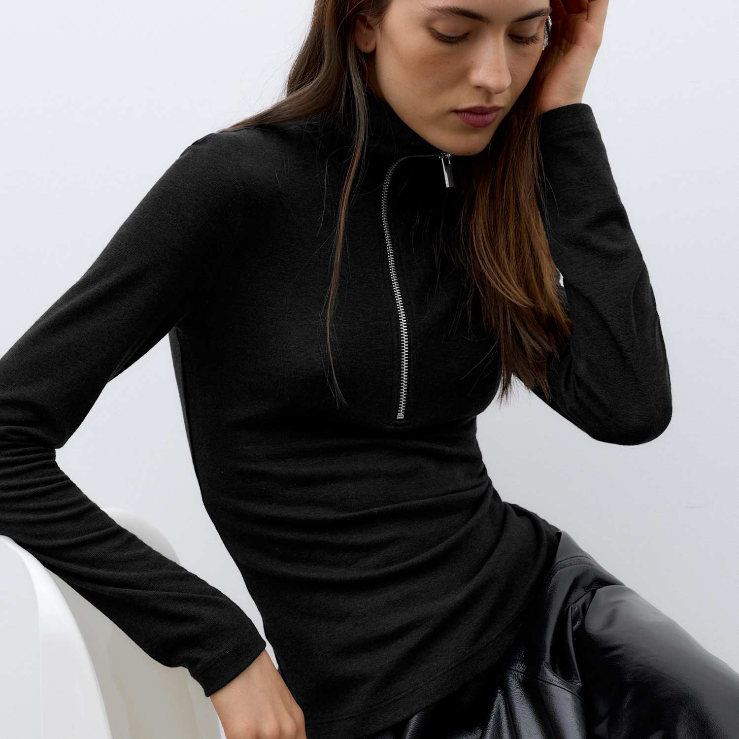 Autograph Women's Funnel Neck Fitted Half Zip Top with Merino Wool - 20 - Black