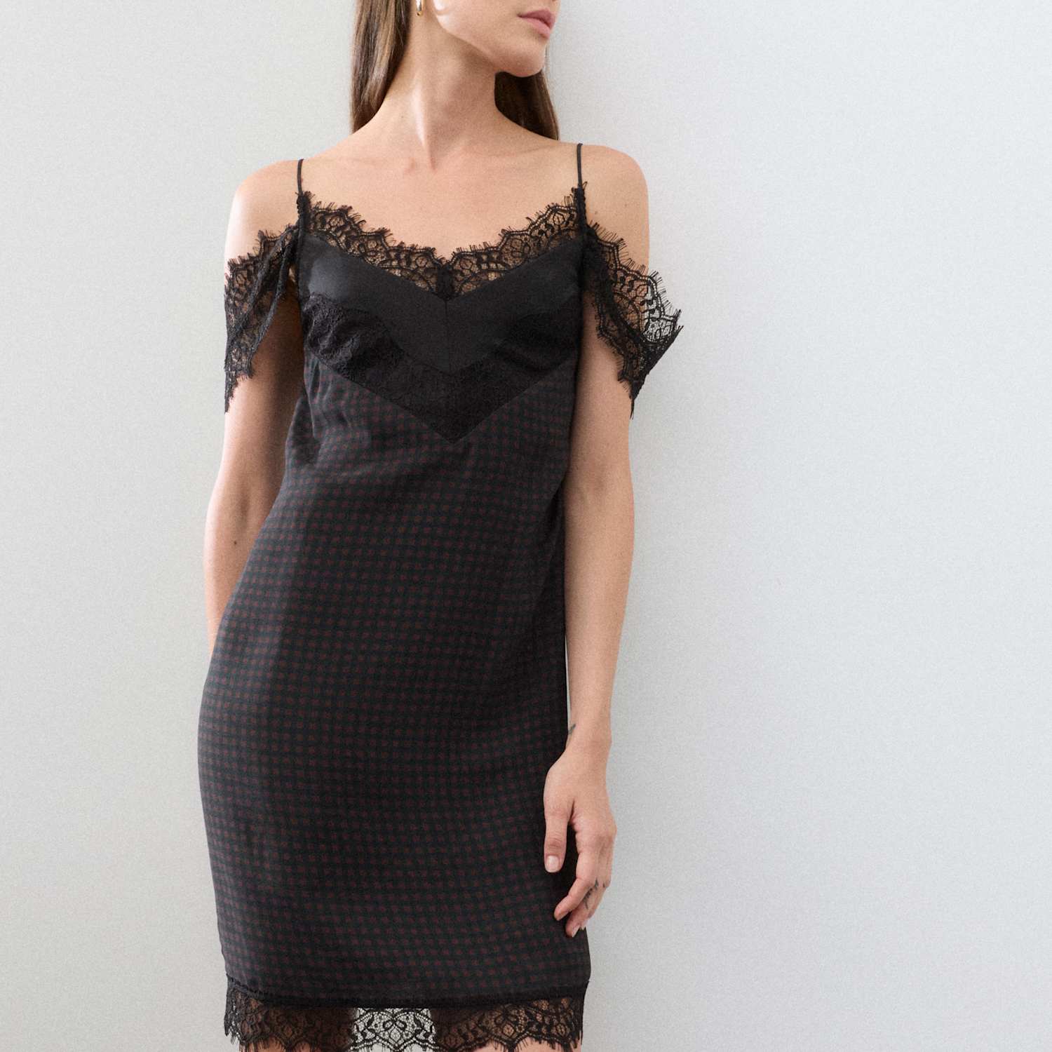 Autograph Women's Checked Lace Trim Mini Slip Dress - 6 - Black Mix