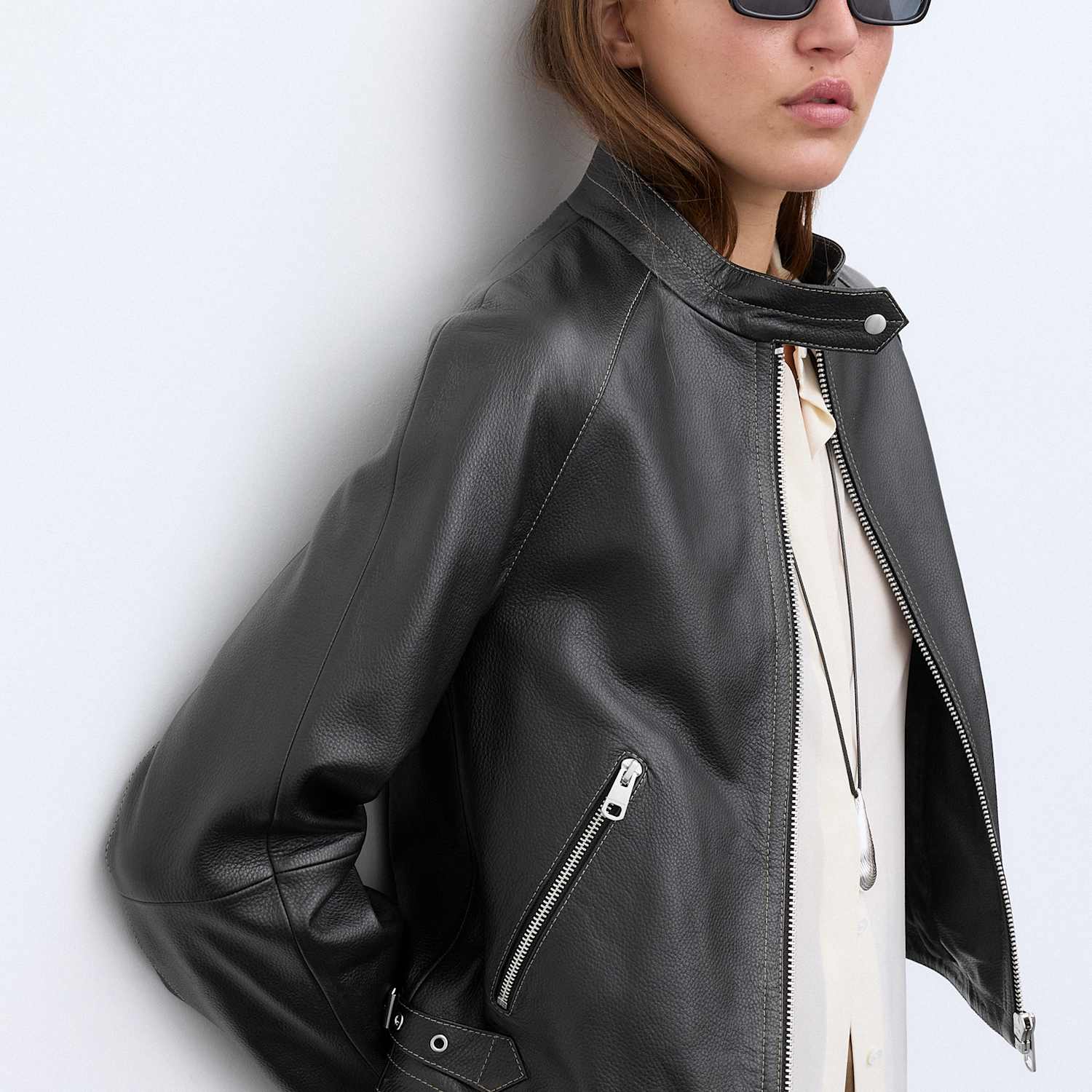 Autograph Women's Leather Collarless Cropped Biker Jacket - Medium - Black