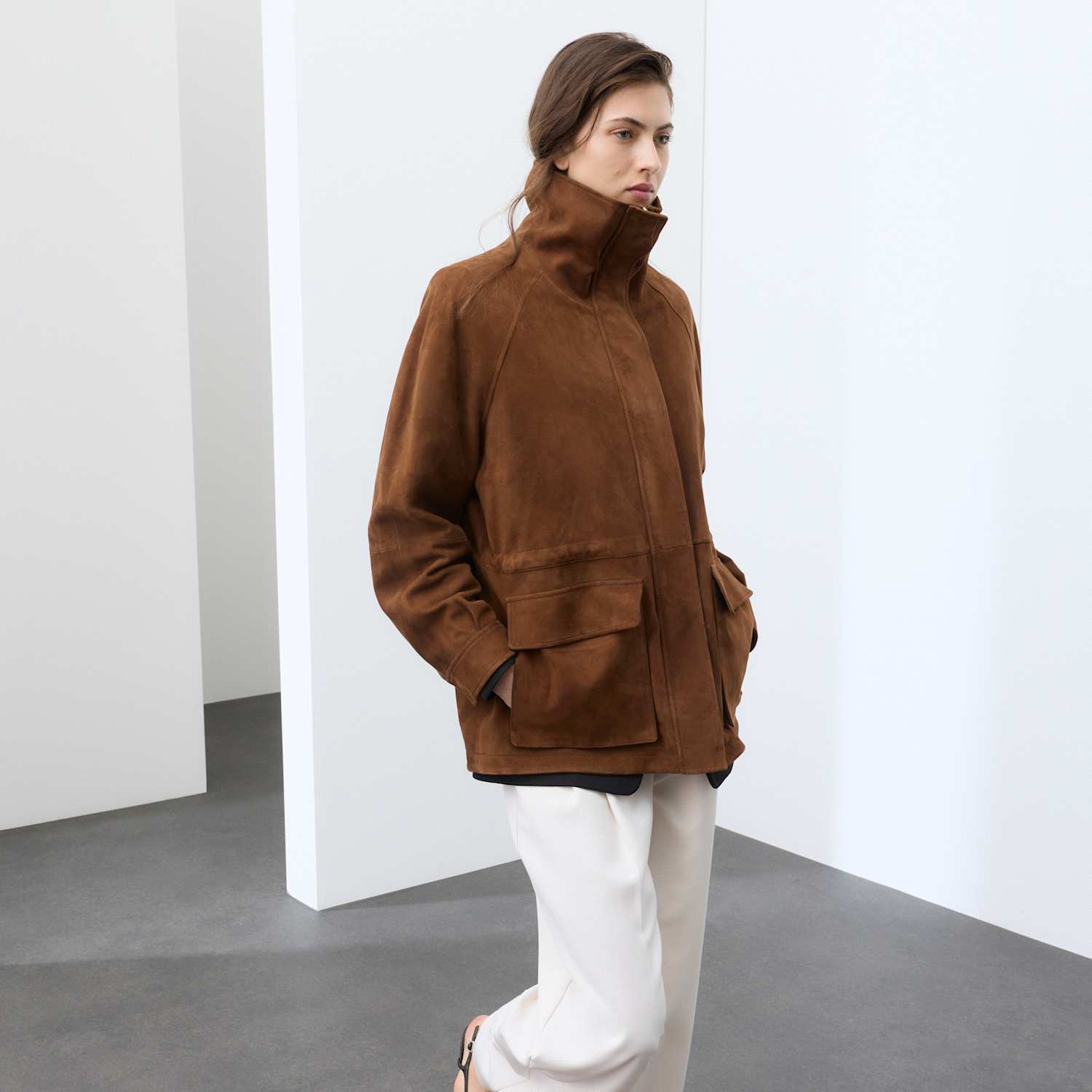 Autograph Women's Suede Funnel Neck Longline Jacket - Medium - Tan