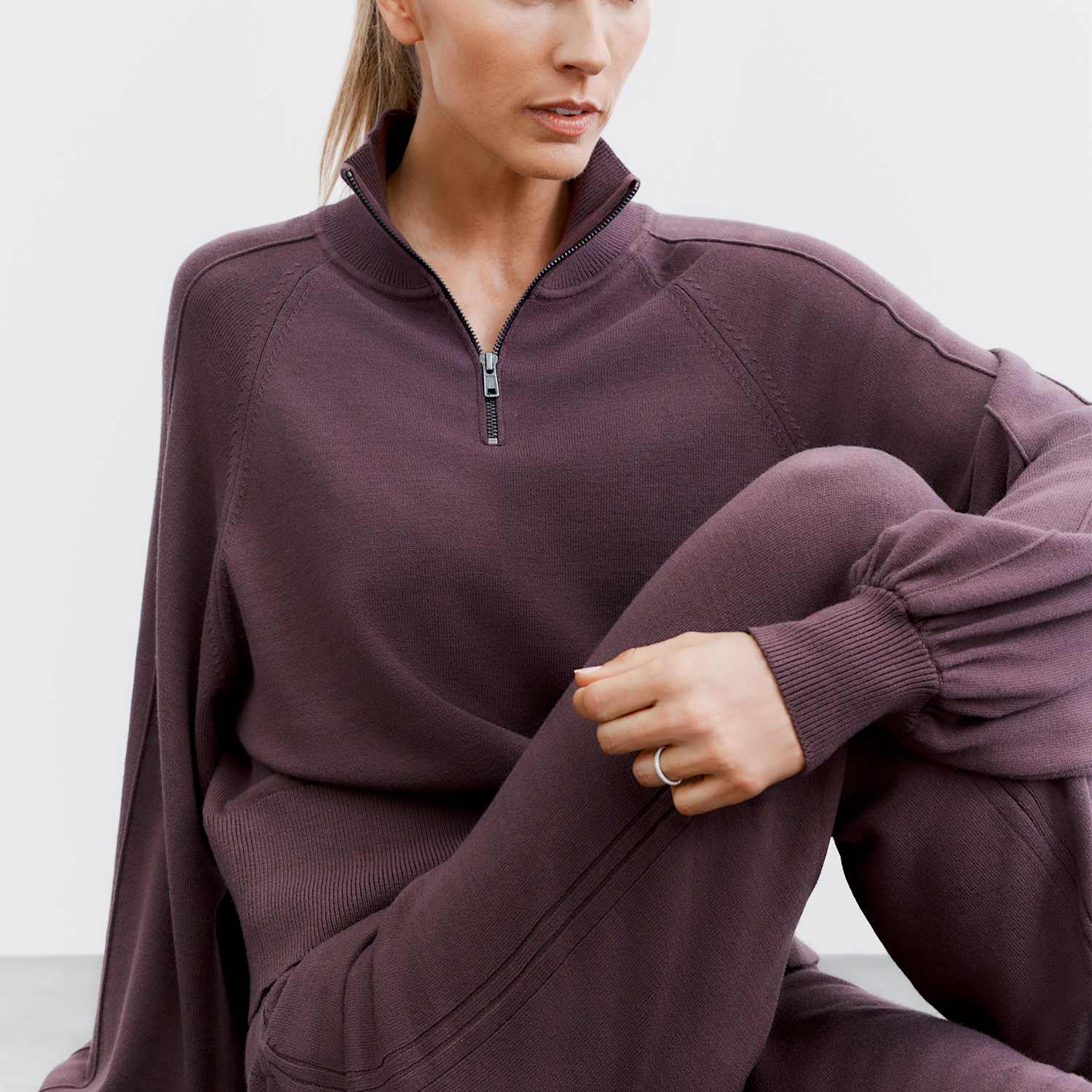 Goodmove Women's Knitted Half Zip Balloon Sleeve Jumper - Small - Mulberry