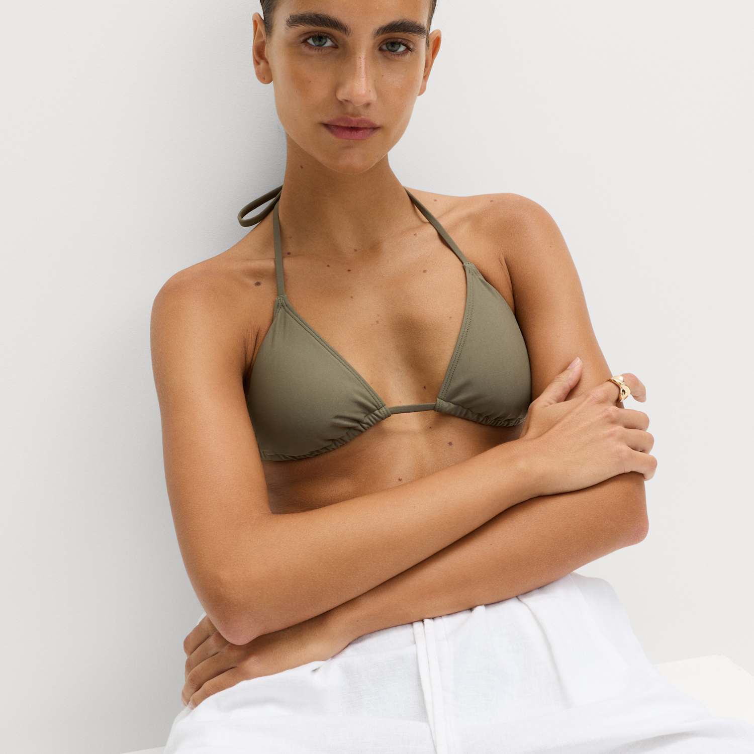 M&S Women's Padded Halterneck Triangle Bikini Top - 12 - Dark Khaki