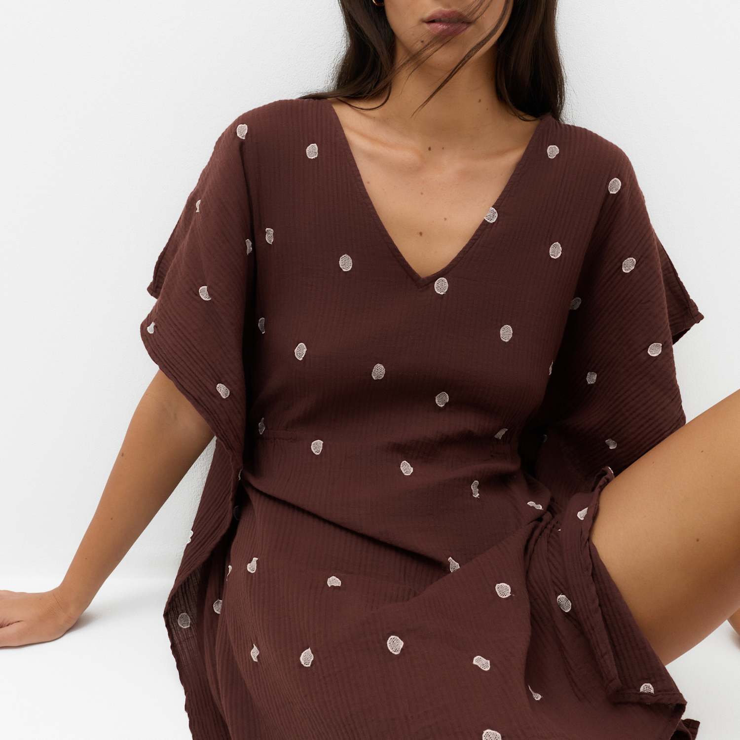 M&S Women's Pure Cotton Polka Dot Beach Cover Up Kaftan - Small - Brown Mix