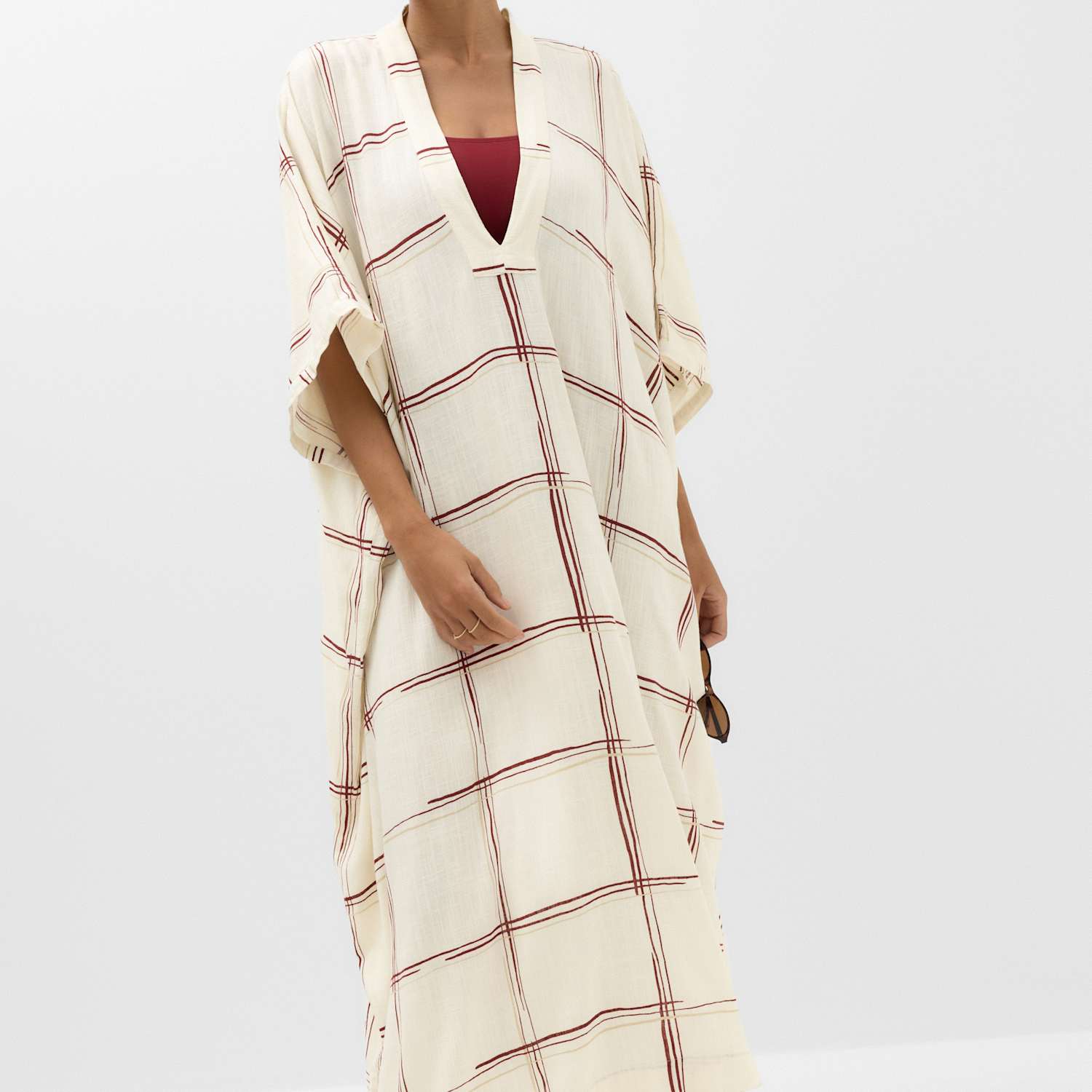 M&S Women's Checked Midi Kaftan Beach Dress with Linen - Small - Ivory Mix