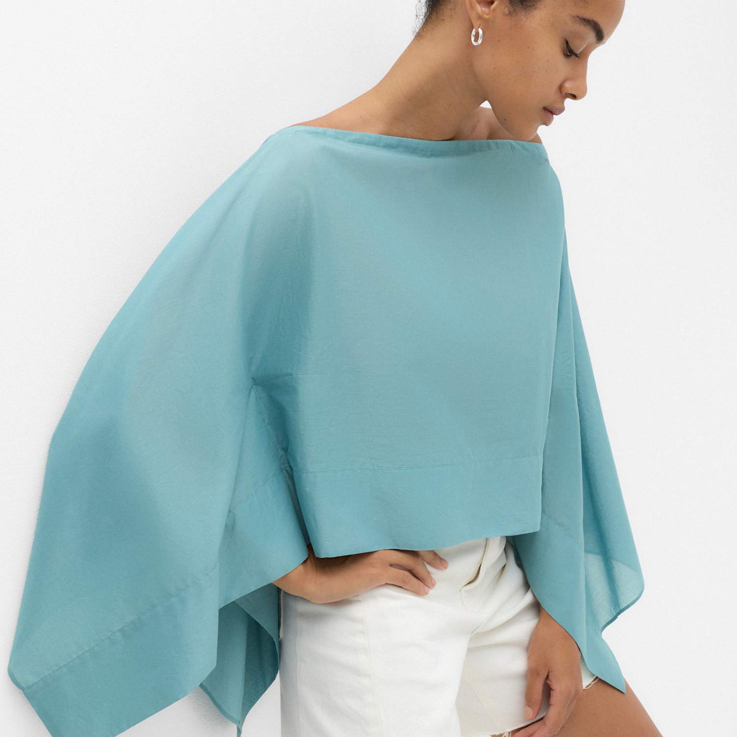 M&S Women's Pure Cotton Sheer Cape Top - Medium - Duck Egg