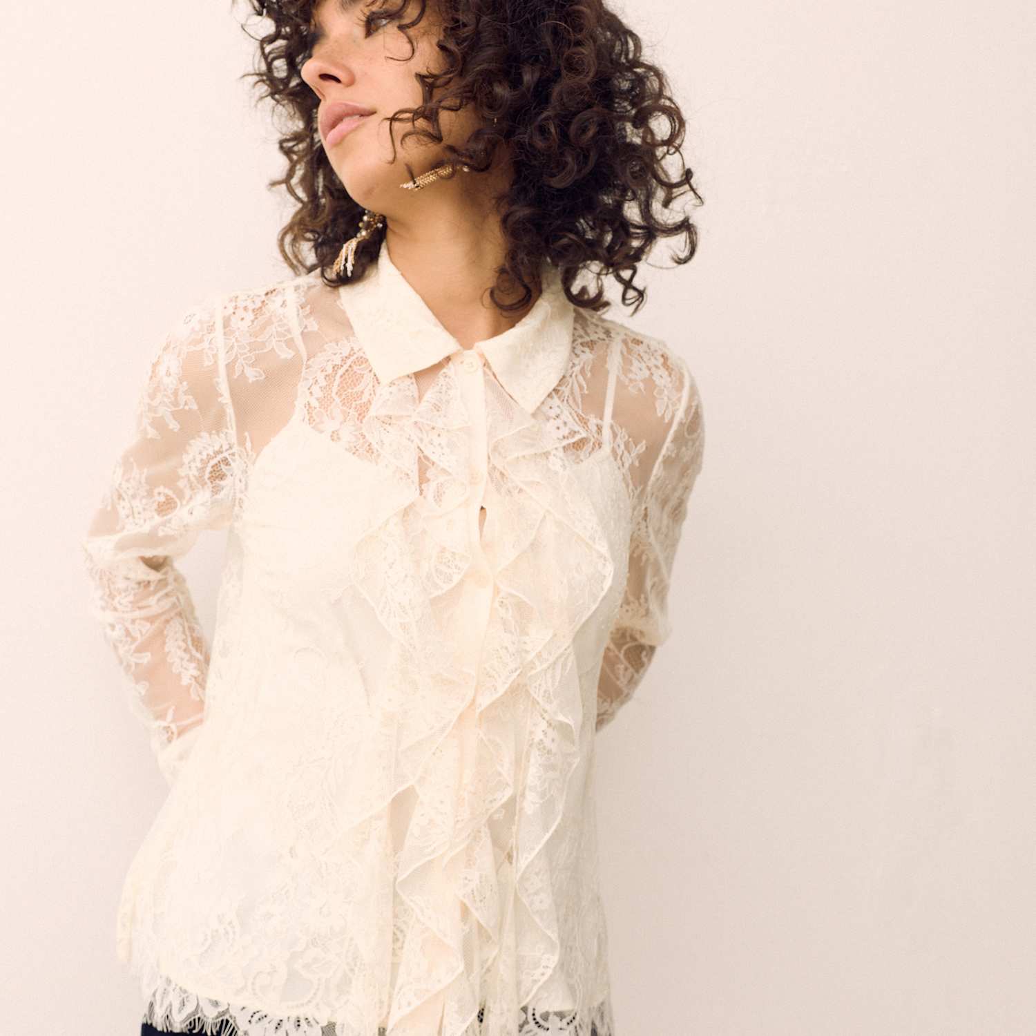 Per Una Women's Lace Collared Ruffle Shirt - 8 - Ecru