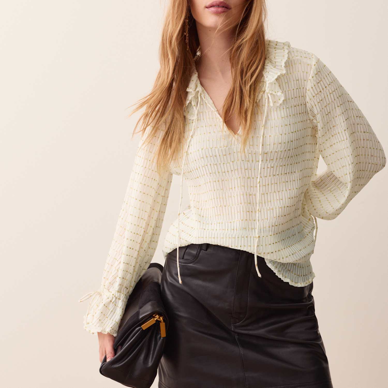 Per Una Women's Sparkly Ruffle Tie Neck Blouse - 8 - Ecru Mix