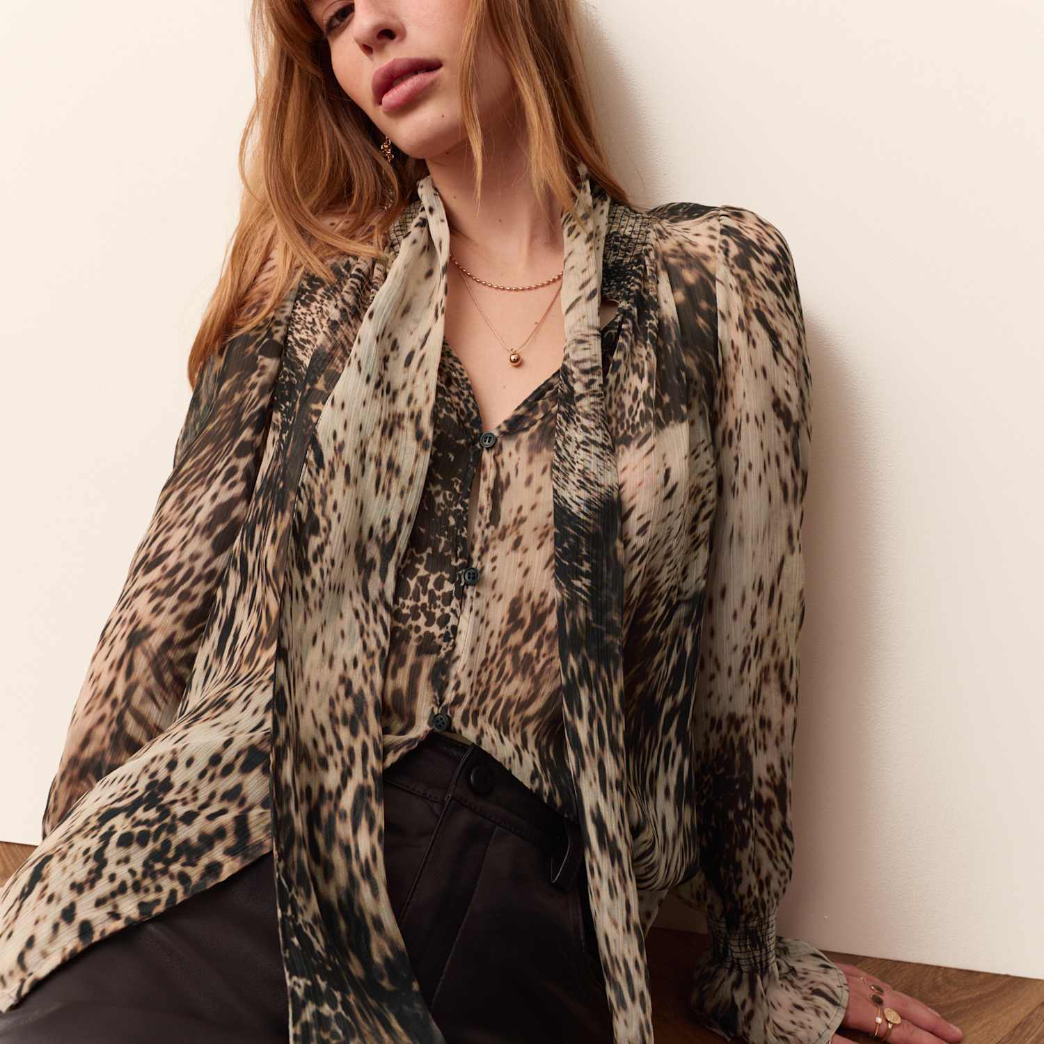 Per Una Women's Animal Print Tie Neck Blouse - 12 - Natural Mix