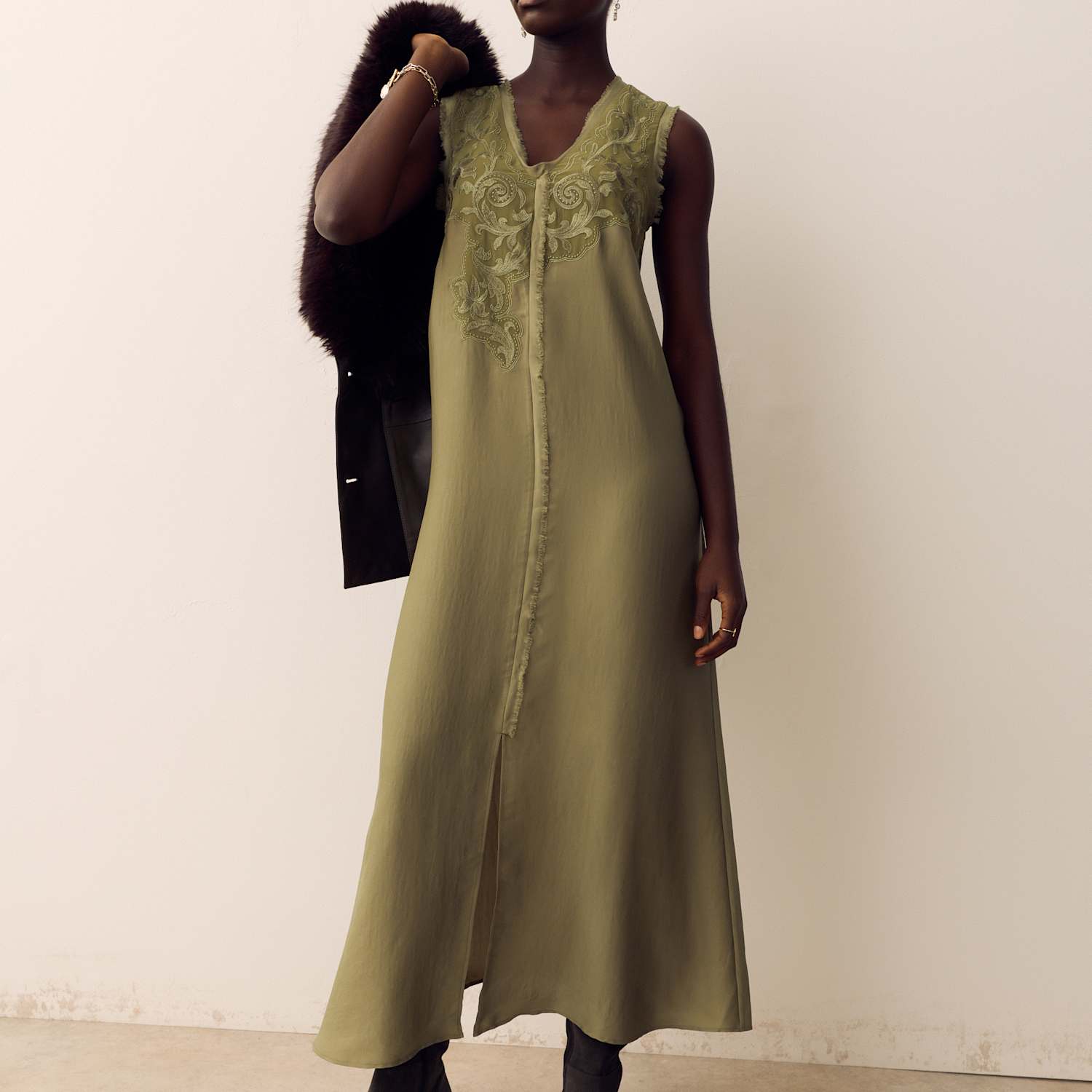 Per Una Women's Satin Embroidered Midi Slip Dress - 6 - Sage