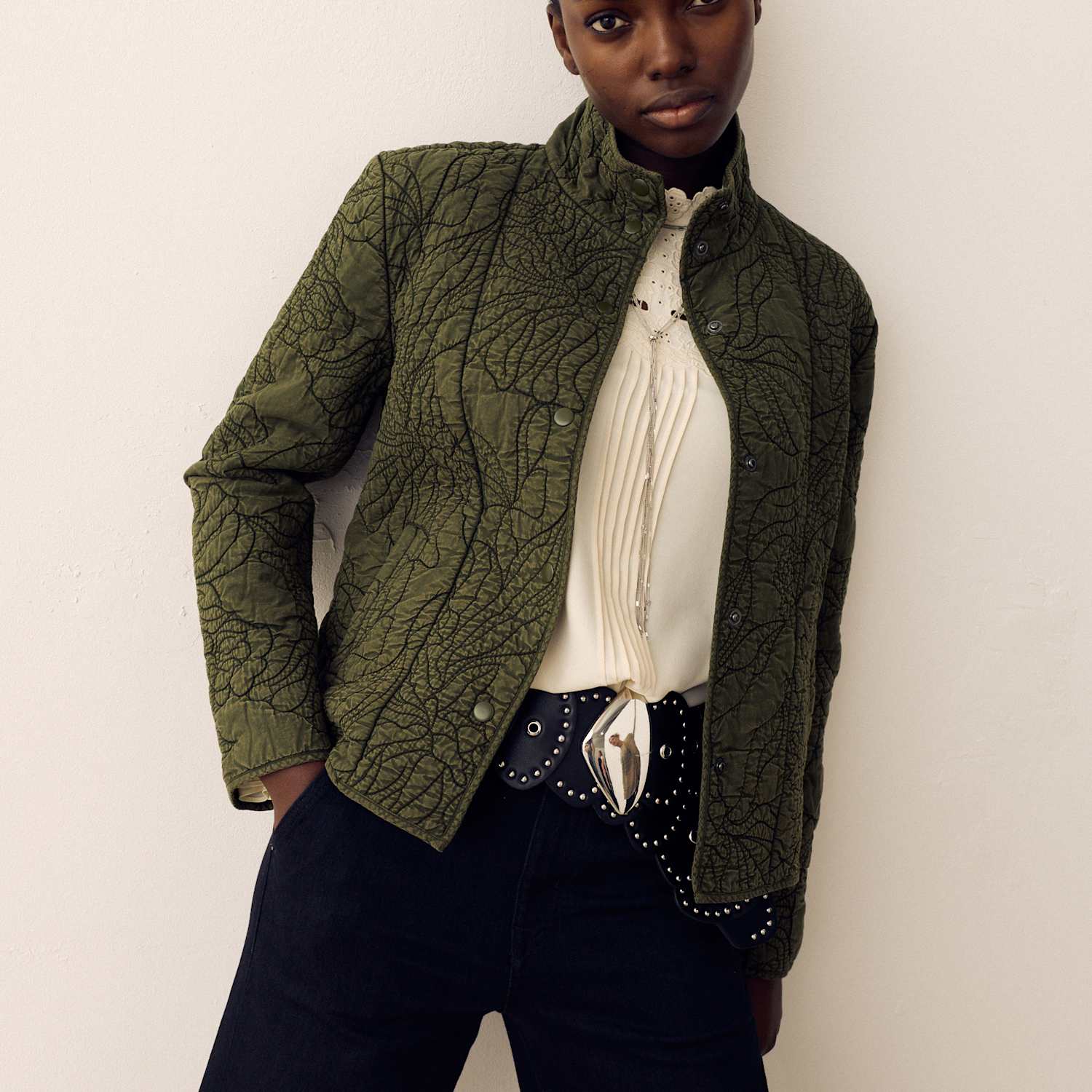 Per Una Women's Embroidered Quilted Funnel Neck Jacket - Extra Small - Khaki