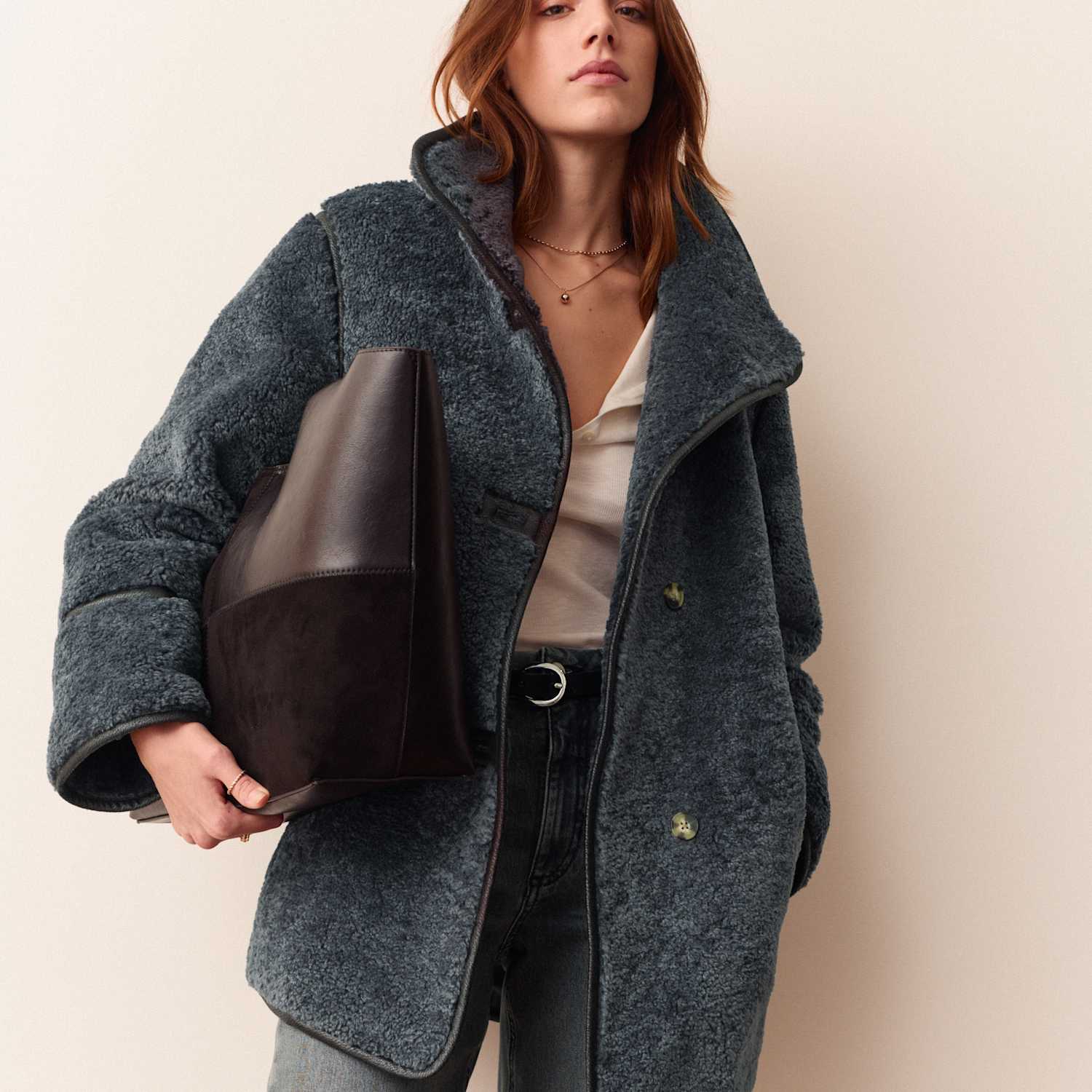 Per Una Women's Borg Textured Funnel Neck Coat - 16 - Navy