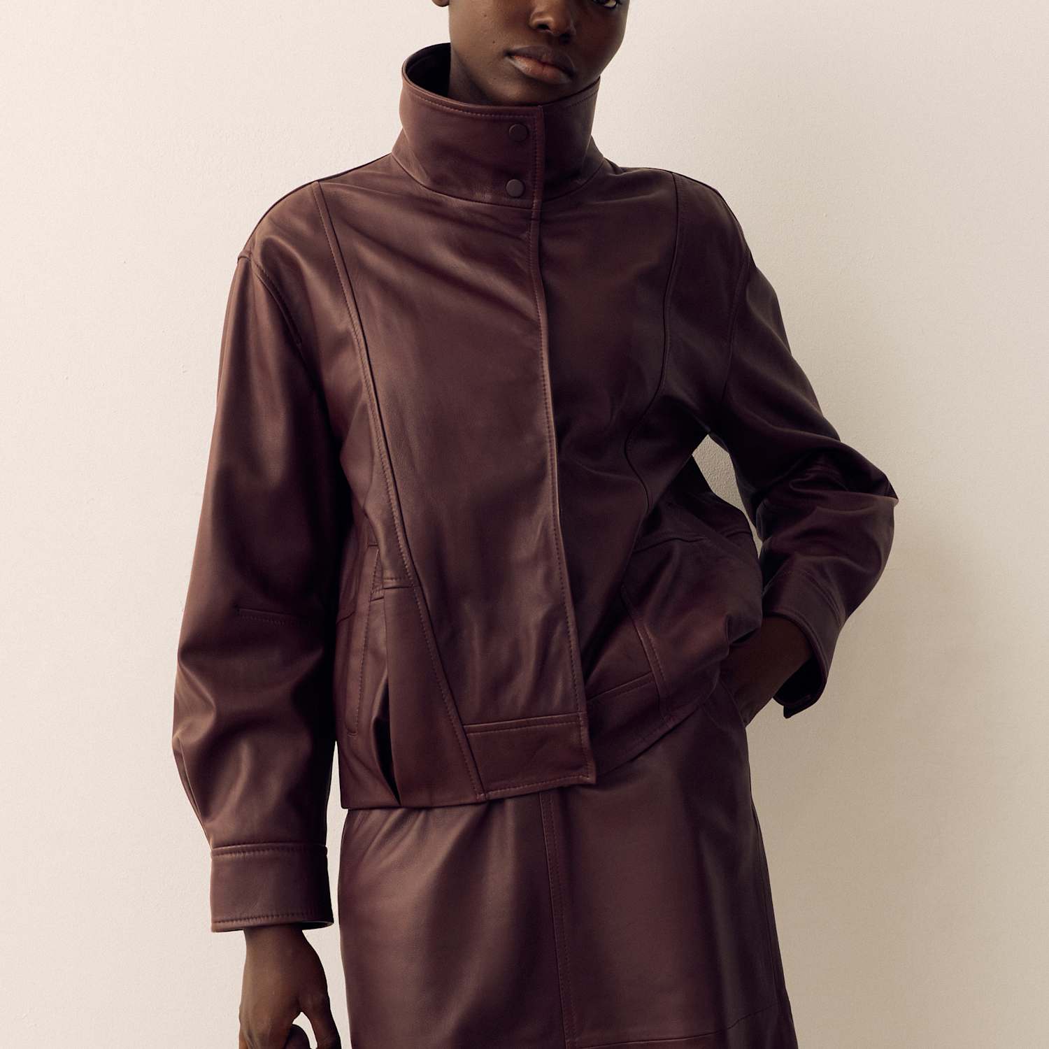 Per Una Women's Leather Funnel Neck Jacket - 14 - Raisin