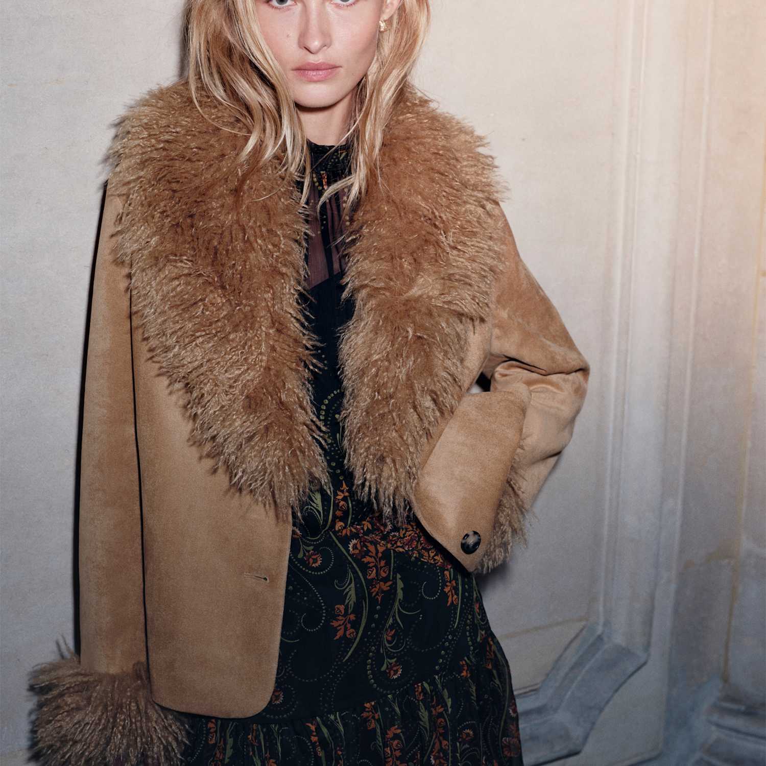 Per Una Women's Faux Fur Collar Suedette Jacket - 22 - Sandstone