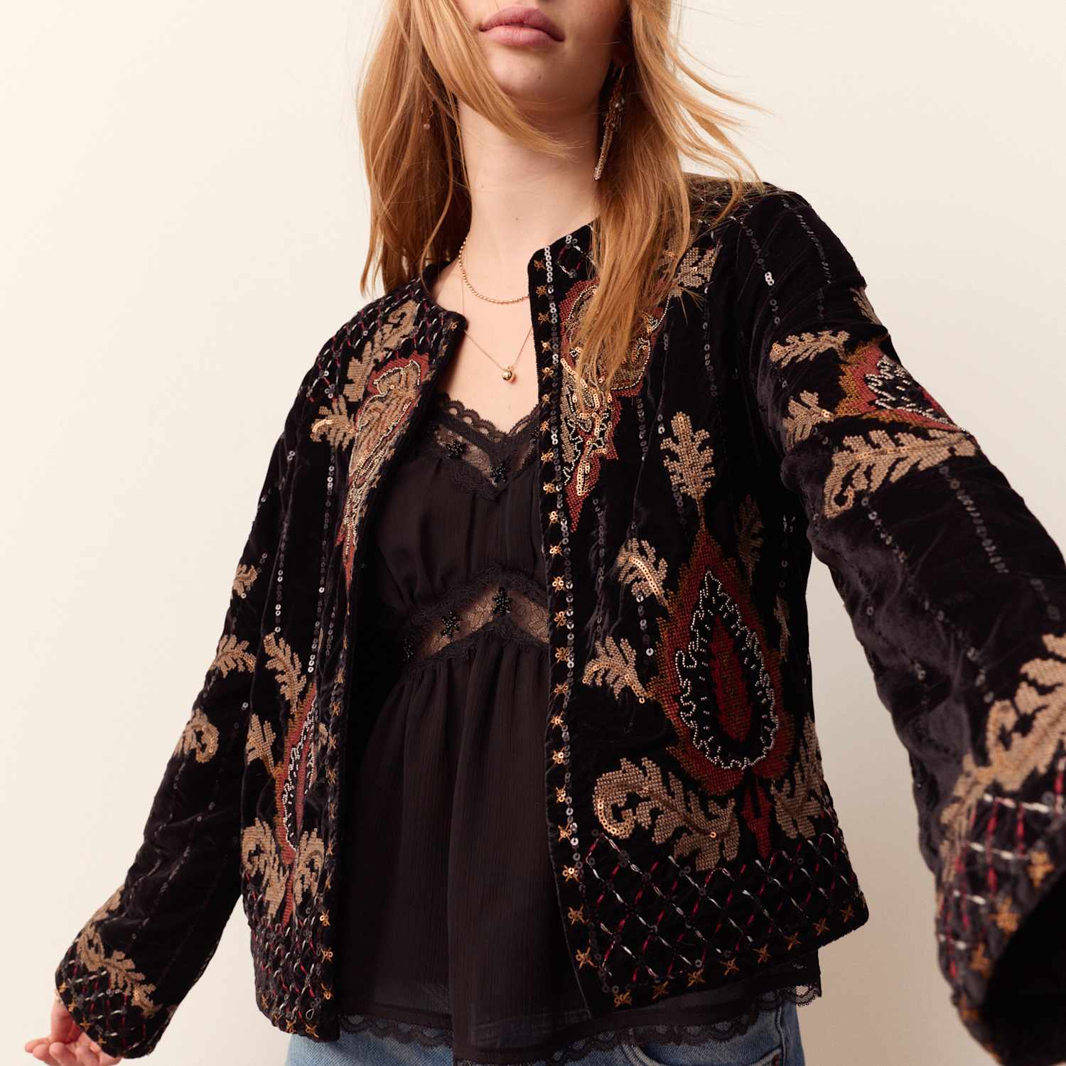 Per Una Women's Velvet Embellished Crew Neck Short Jacket - Extra Large - Black Mix