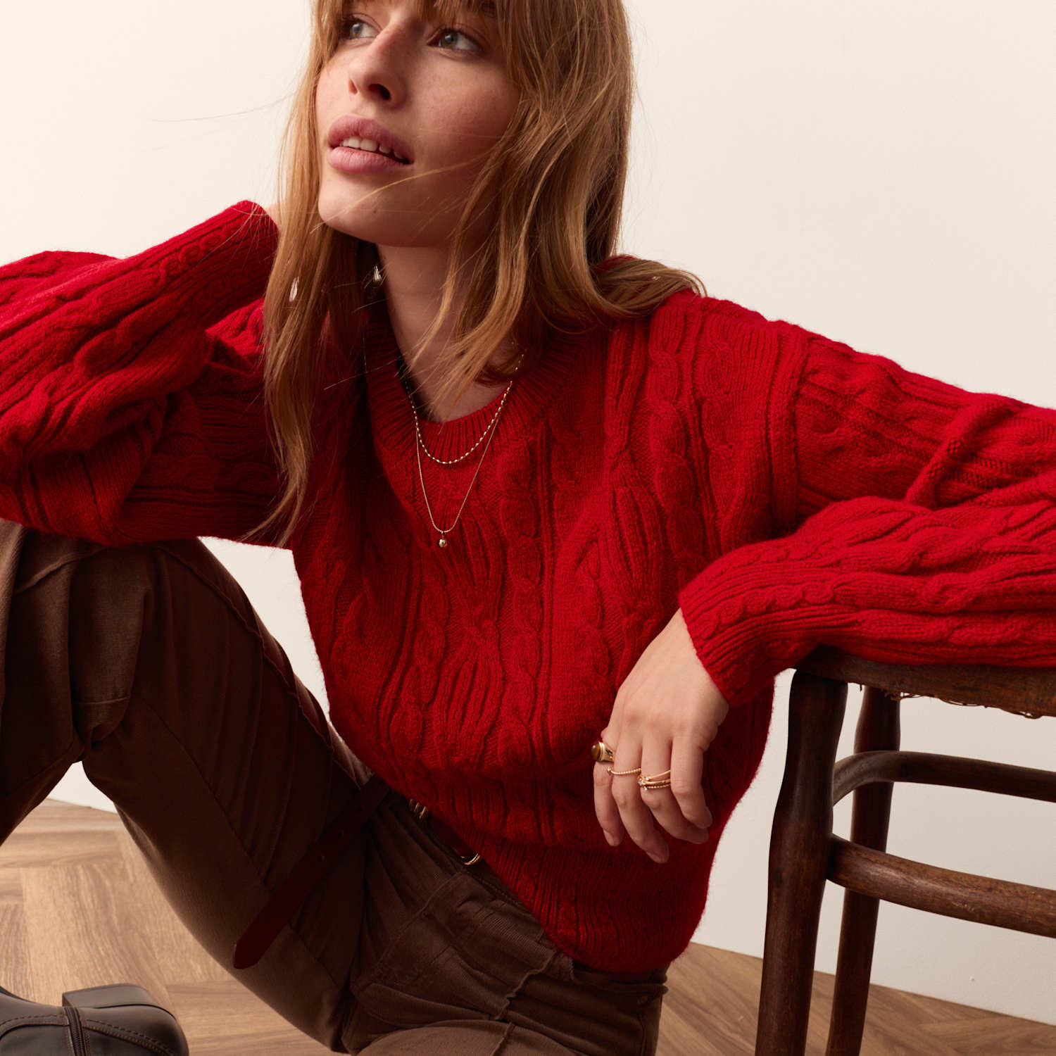 Per Una Women's Cable Knit Crew Neck Jumper - Small - Cherry Red