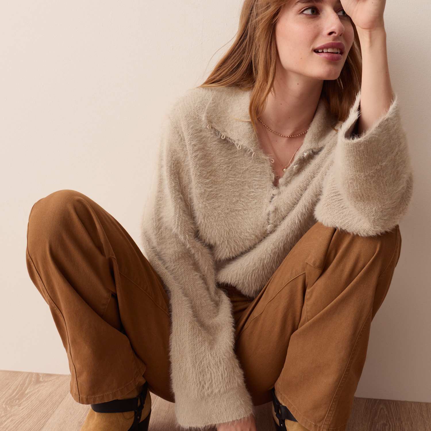Per Una Women's Fluffy Polo Neck Button Detail Jumper - Small - Cappuccino