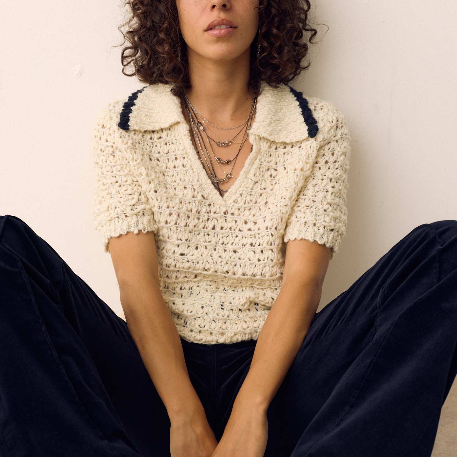 Per Una Women's Textured Collared Short Sleeve Knitted Polo With Wool - Medium - Cream Mix