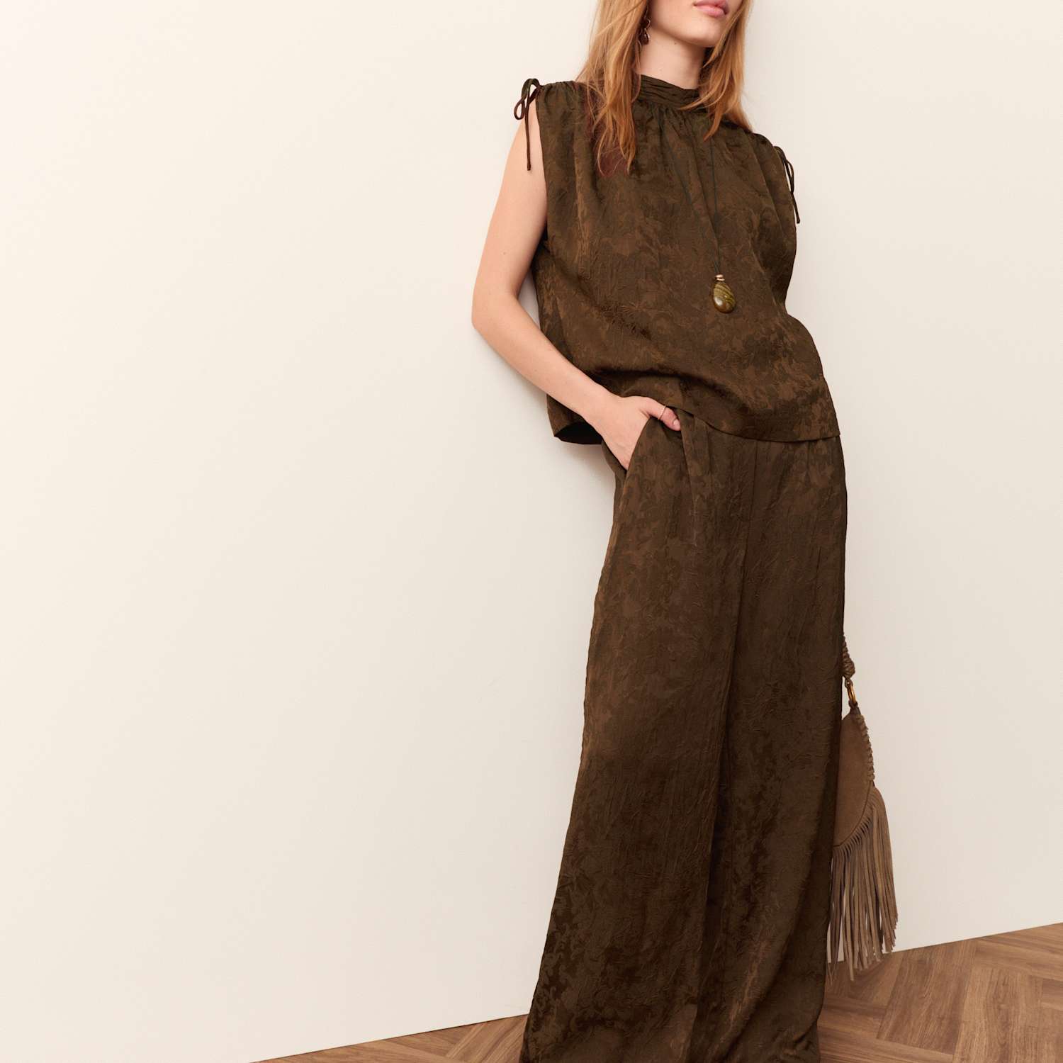 Per Una Women's Jacquard Crinkle Wide Leg Trousers - 14 - Chocolate