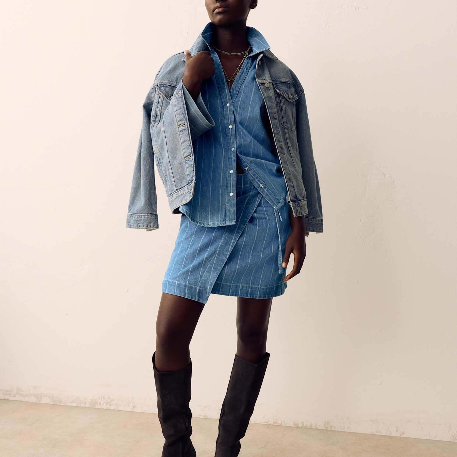 Per Una Women's Denim Striped Mini Wrap Skirt - 10 - Medium Indigo