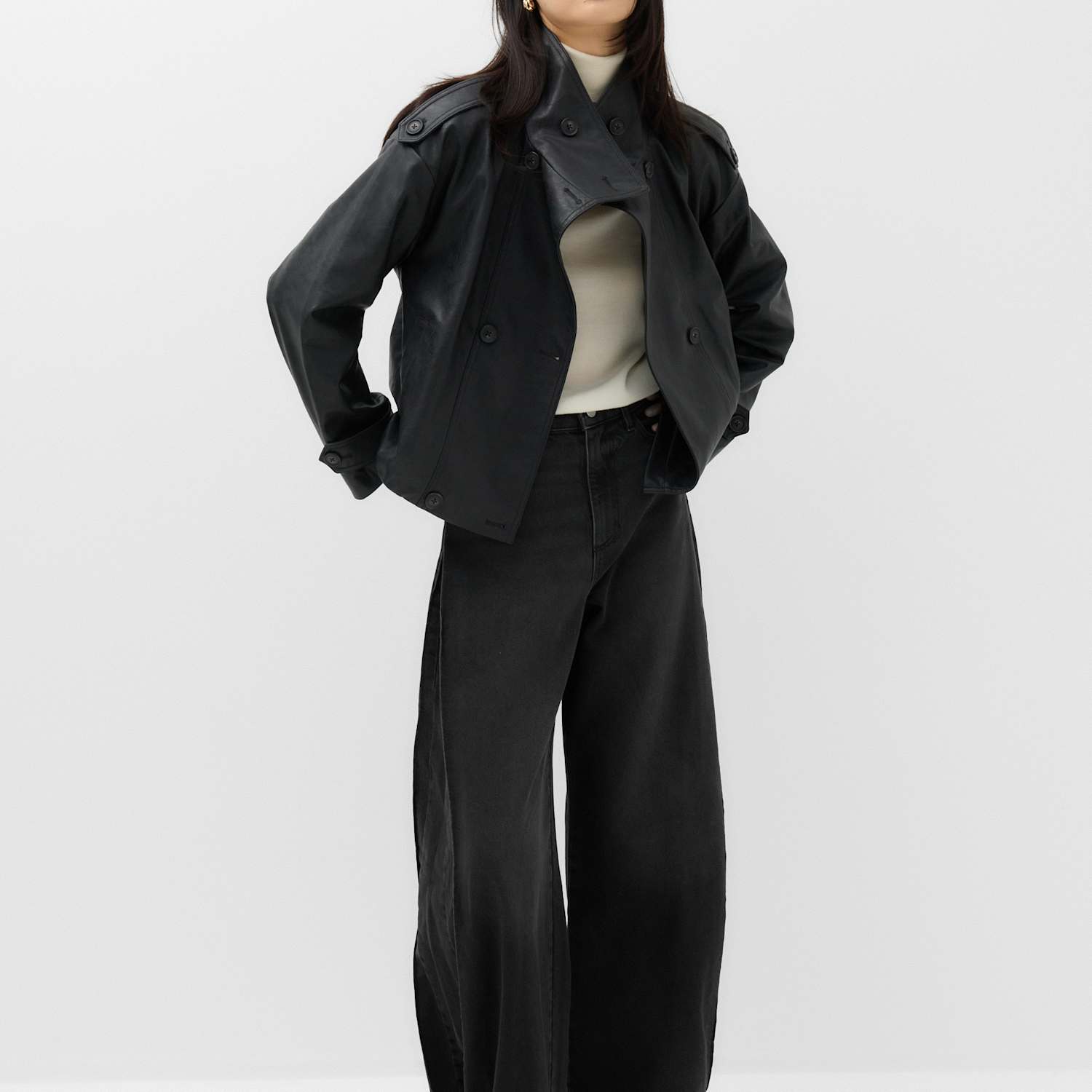 M&S Women's Mid Rise Side Pleat Wide Leg Jeans - 6 - Black