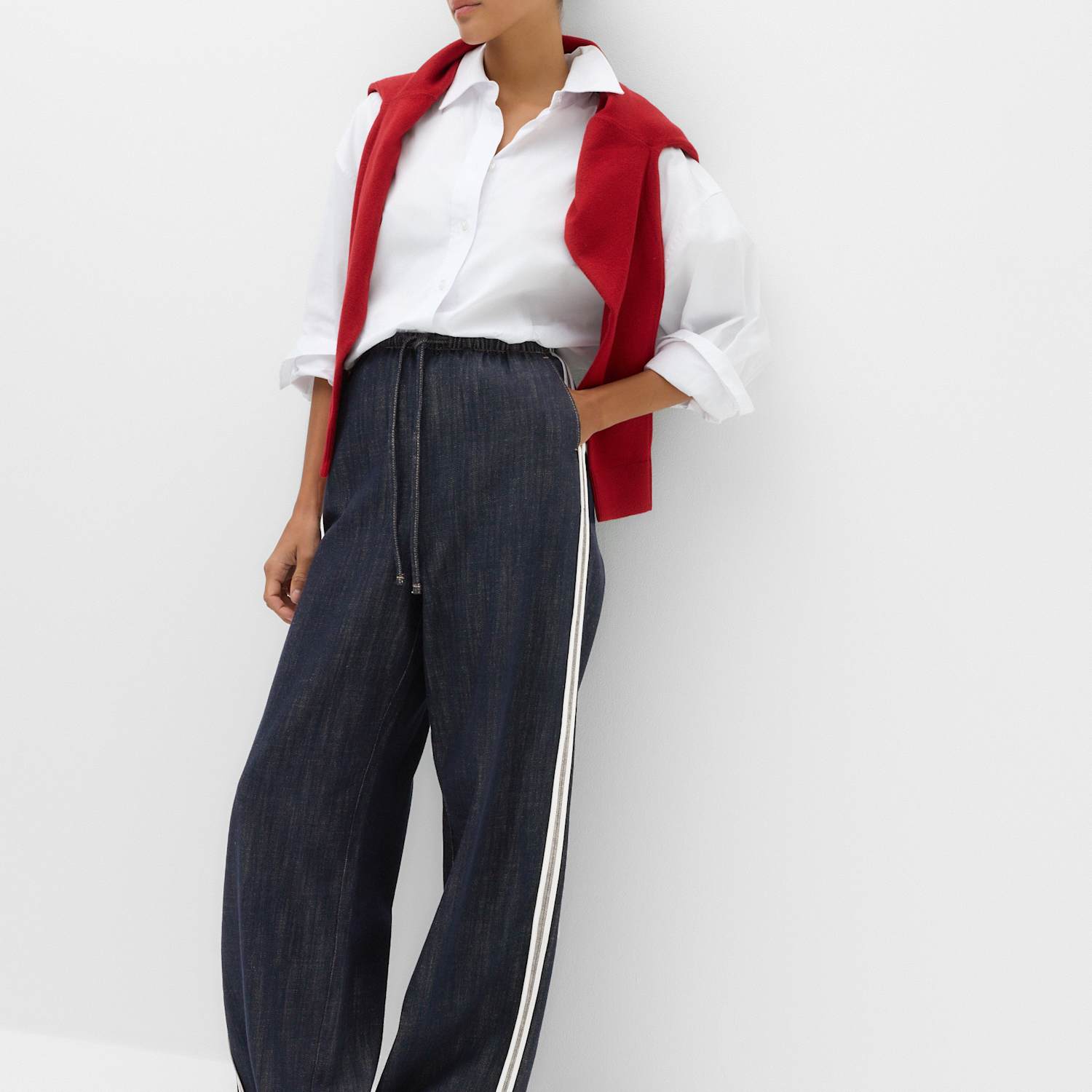 M&S Women's Cotton Rich Side Stripe Pull On Wide Leg Trousers - 10 - Dark Indigo