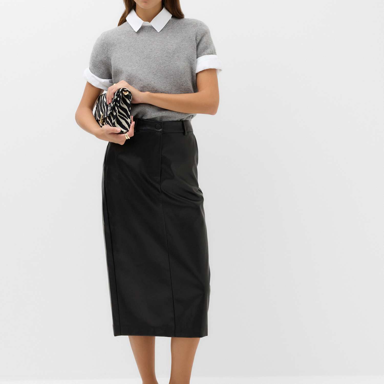 M&S Women's Leather Look Split Back Midi Skirt - 14 - Black
