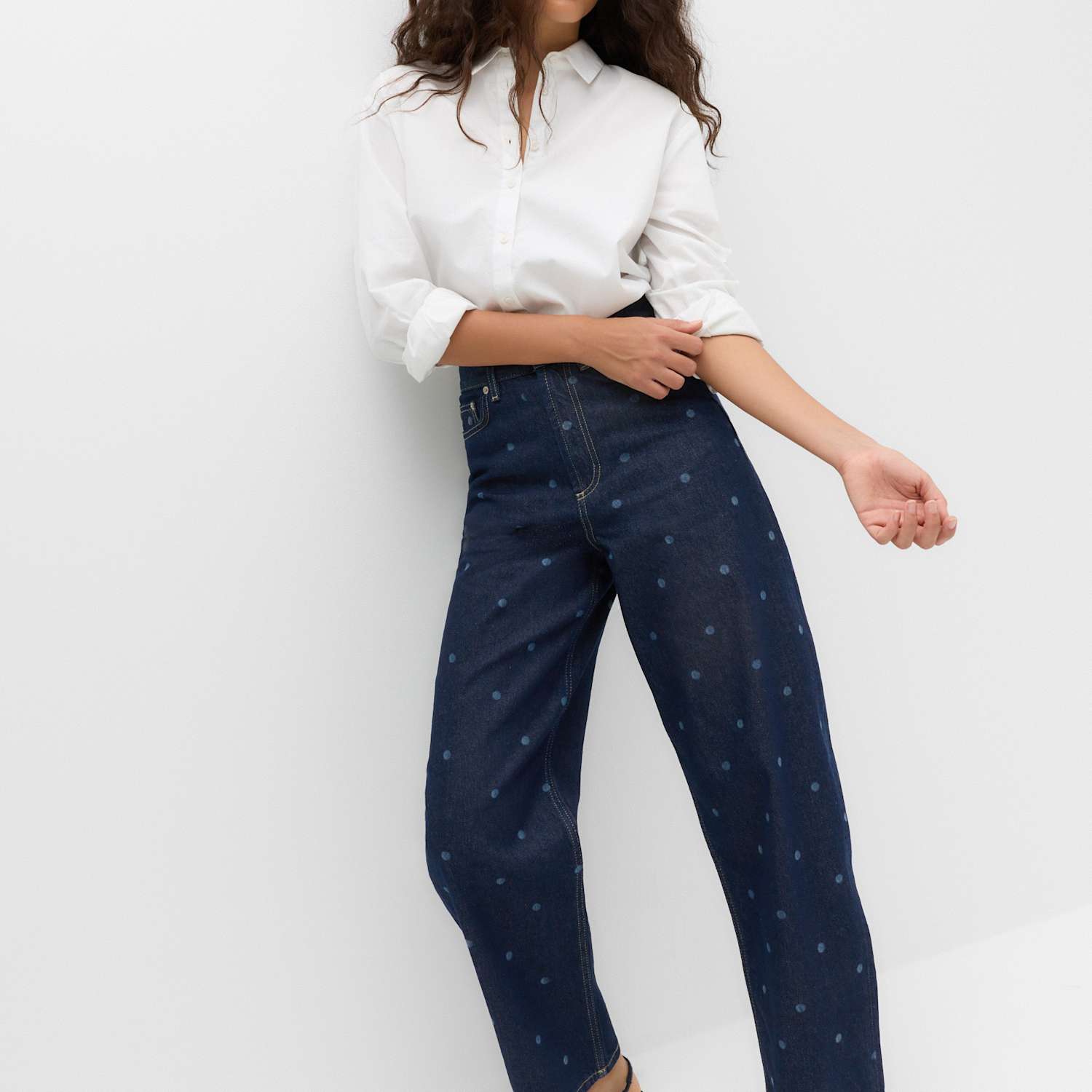 M&S Women's High Waisted Polka Dot Balloon Leg Jeans - 16 - Indigo Mix
