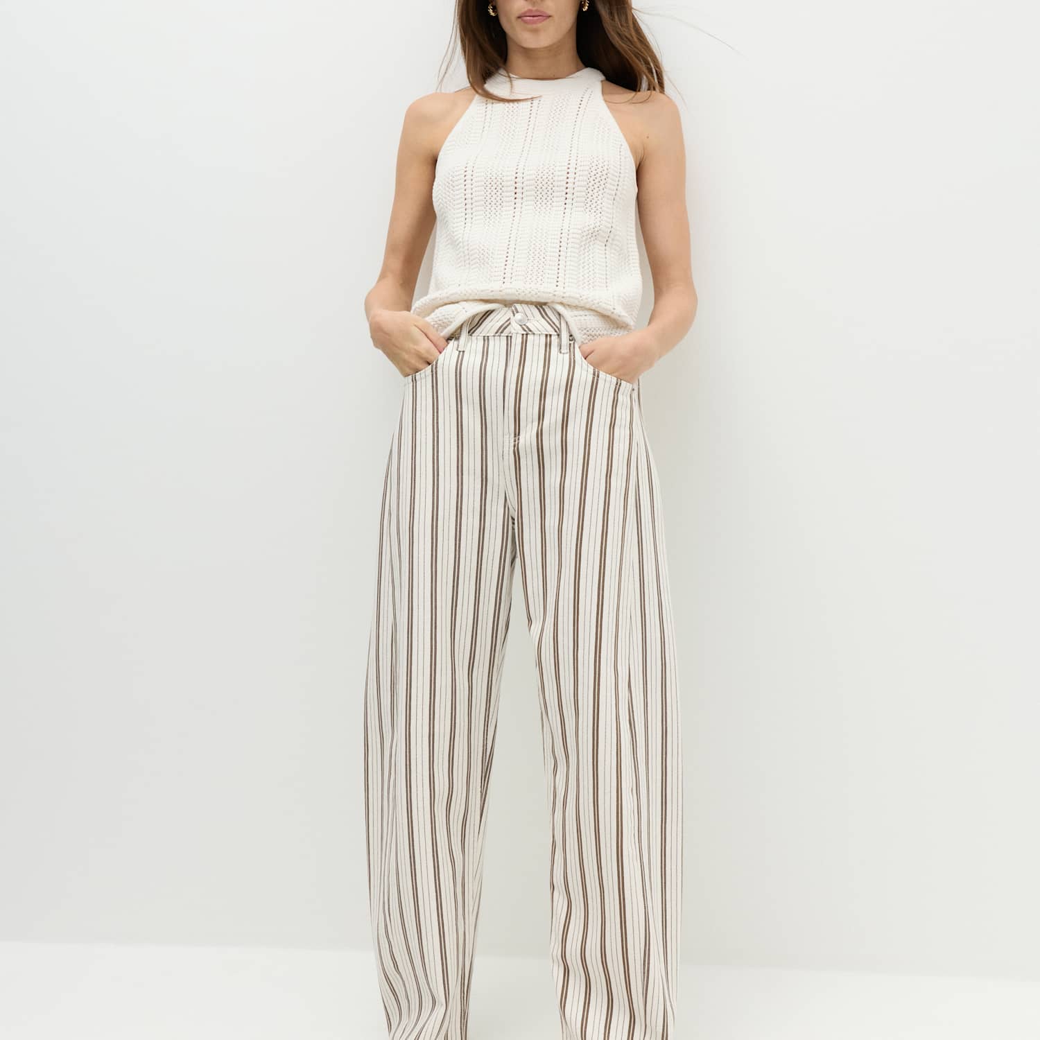 M&S Women's Mid Rise Striped Barrel Jeans - 20 - Ivory Mix