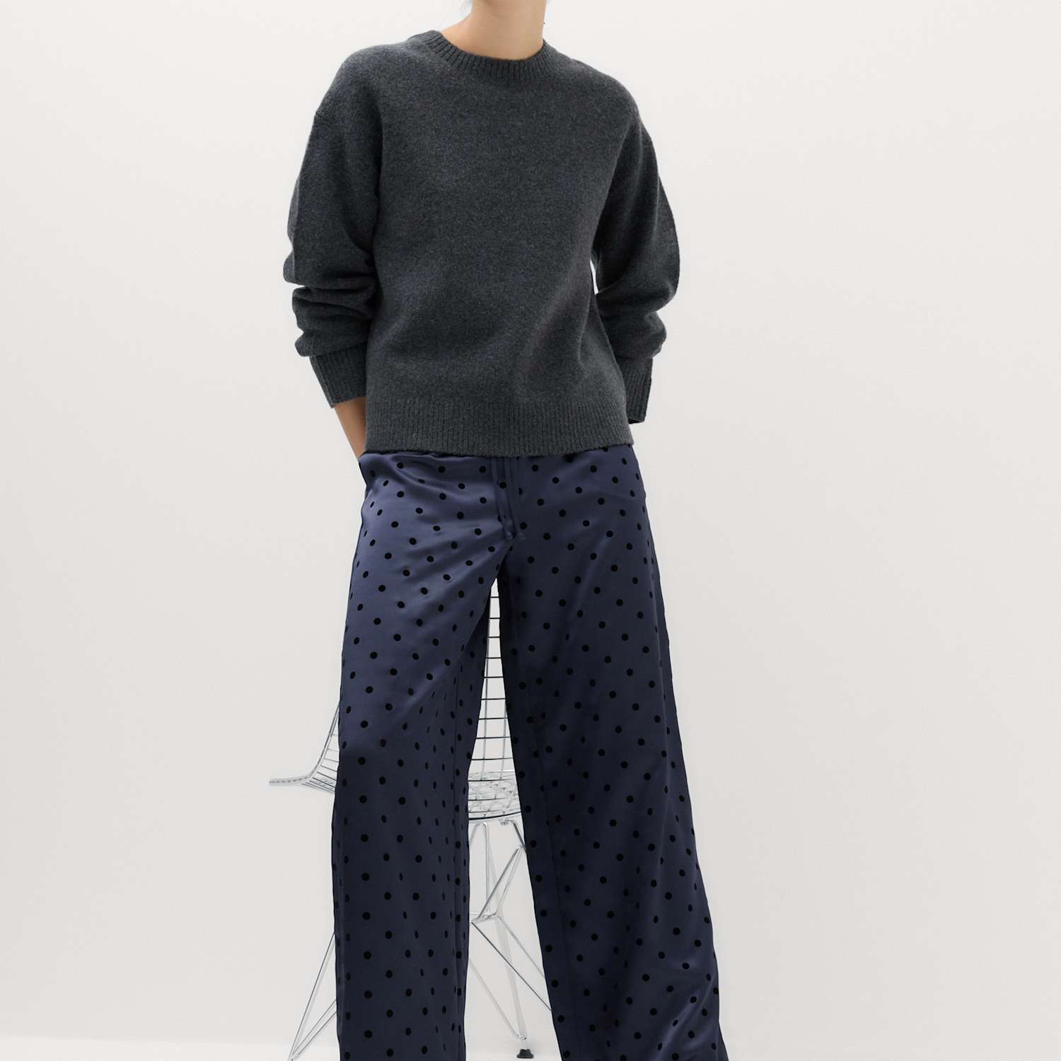 M&S Women's Polka Dot Satin Wide Leg Trouser - 12 - Navy Mix