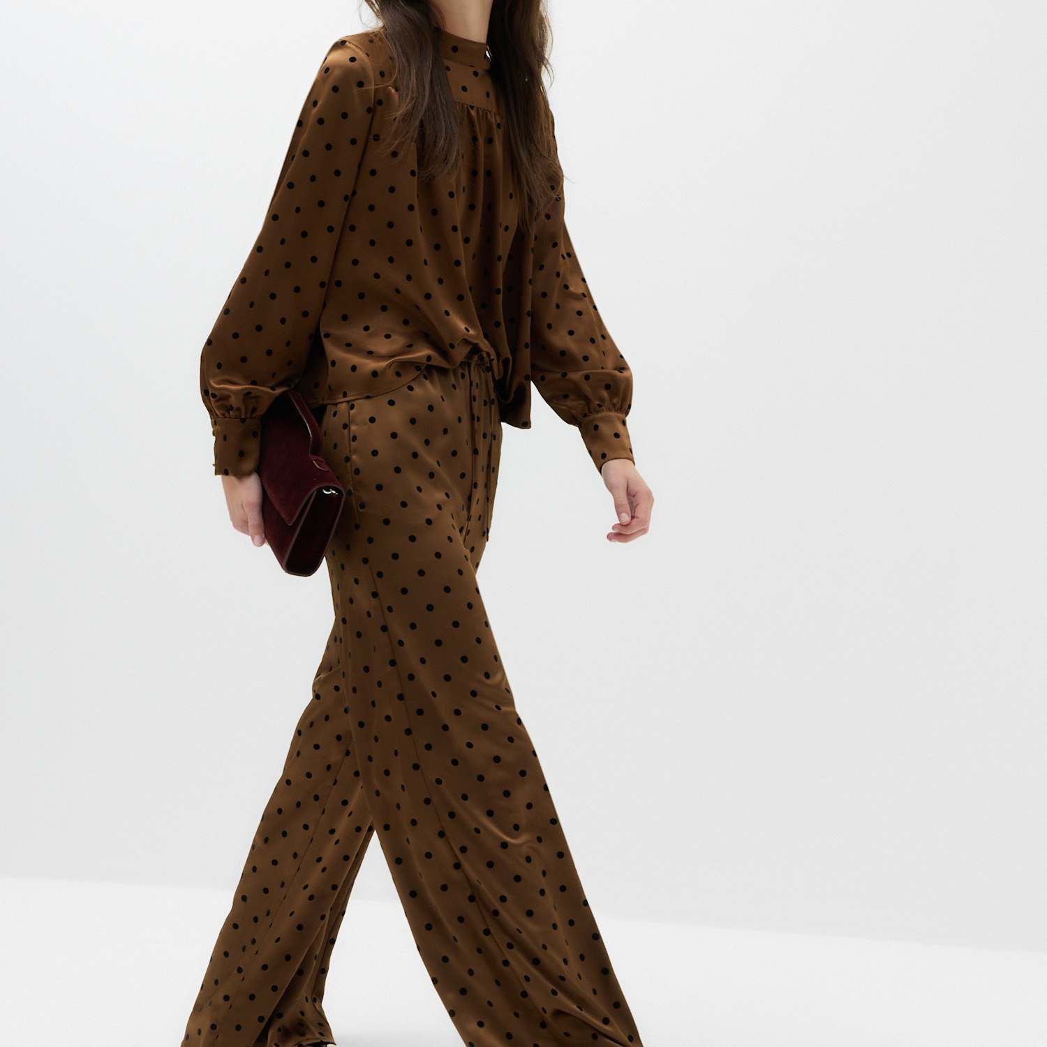 M&S Women's Polka Dot Satin Wide Leg Trouser - 14 - Brown Mix
