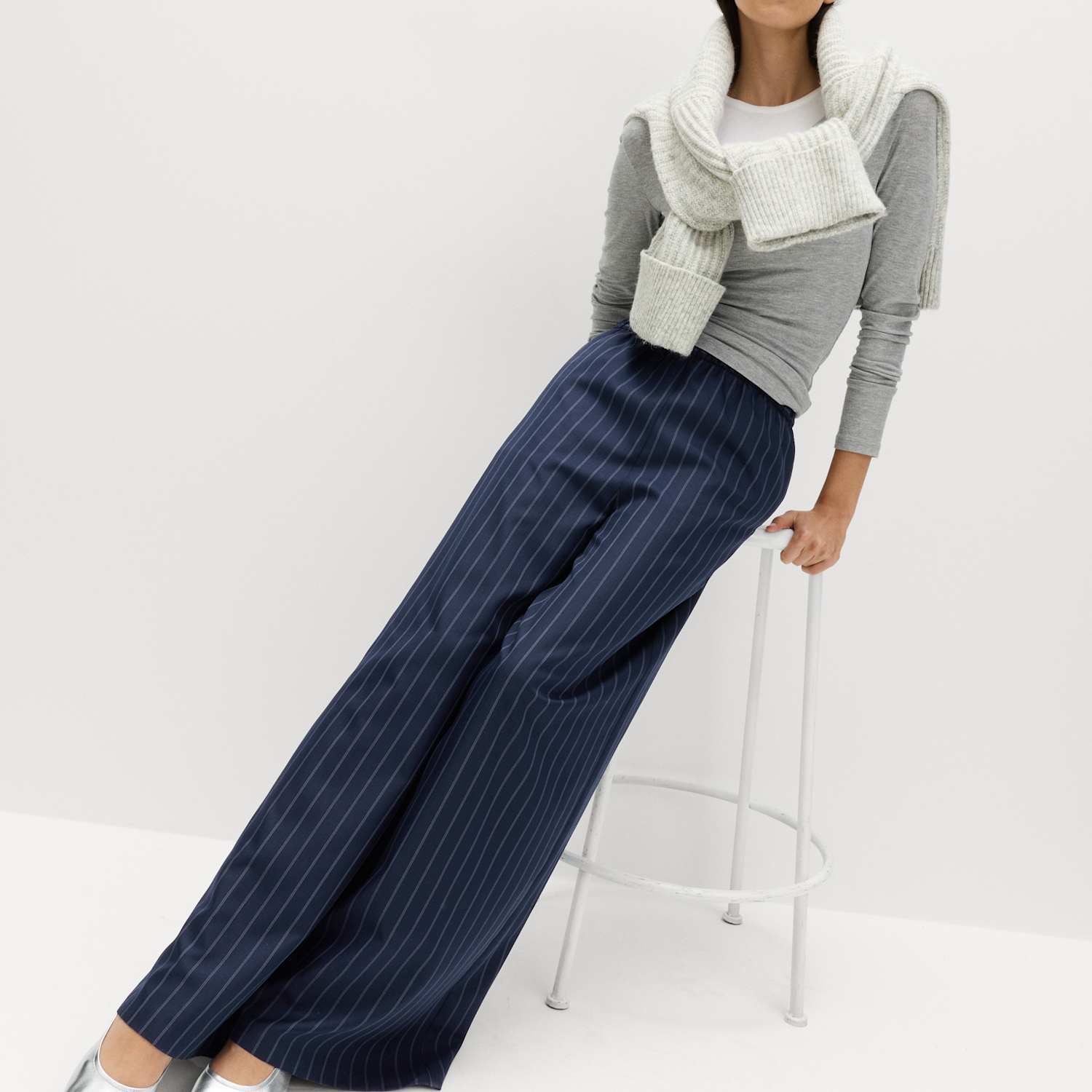 M&S Women's Pinstripe Elasticated Waist Wide Leg Trousers - 12 - Navy Mix