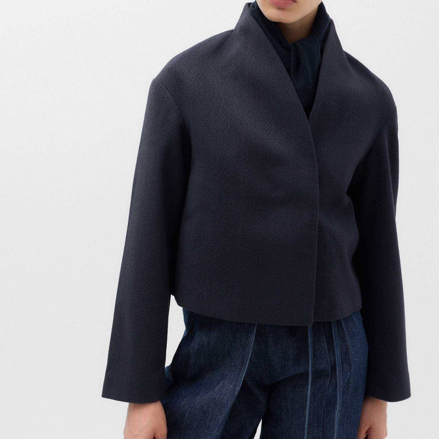 M&S Women's Textured Wrap Collar Short Jacket - 14 - Navy