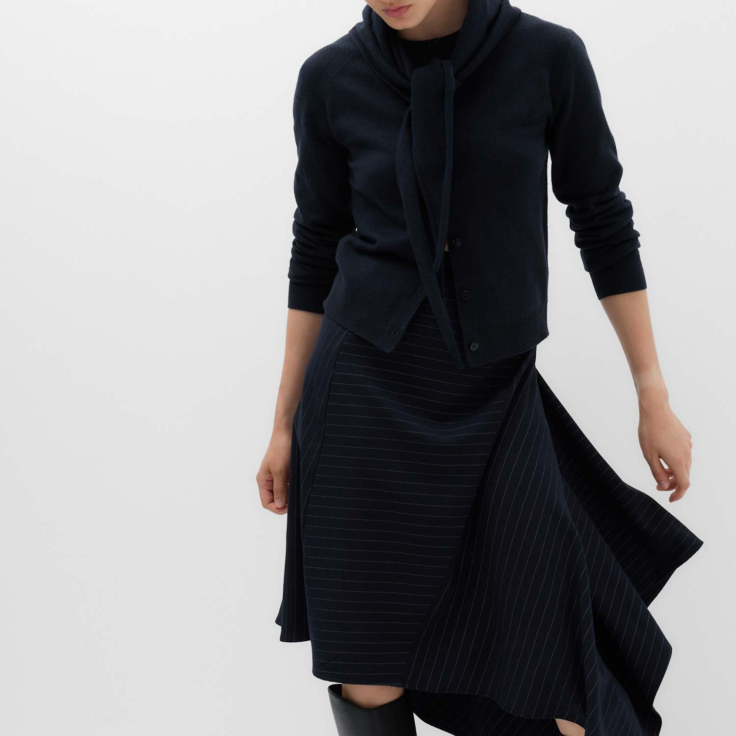 M&S Women's Pinstripe Midi Asymmetric Skirt - 12 - Navy Mix