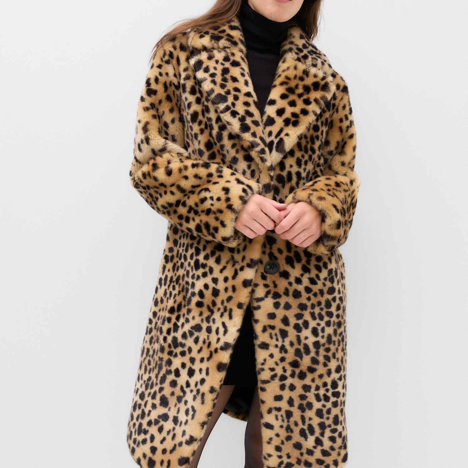 M&S Women's Faux Fur Leopard Print Single Breasted Longline Coat - Extra Large - Brown Mix