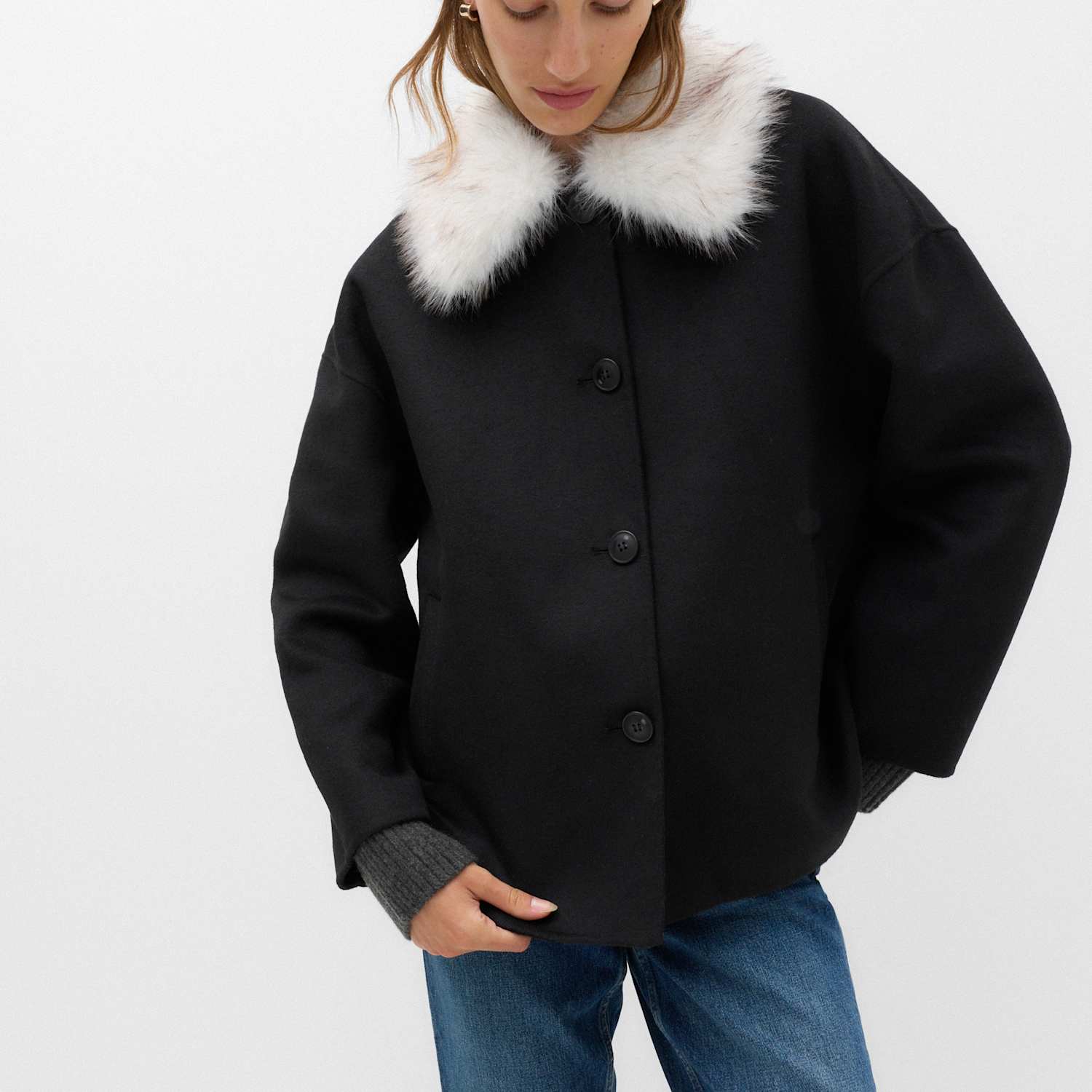 M&S Women's Faux Fur Trim Short Coat - Medium - Black Mix