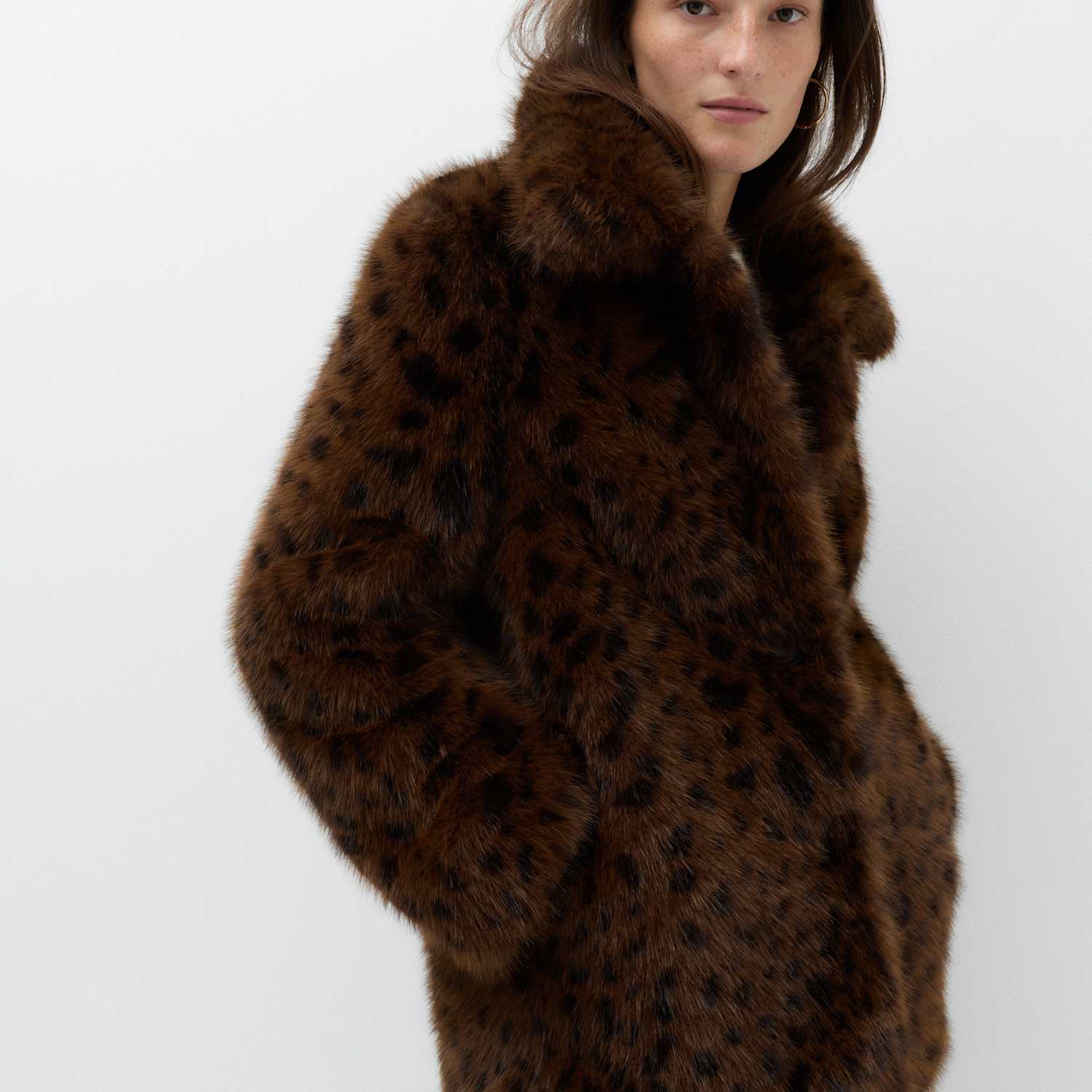 M&S Women's Faux Fur Leopard Print Collared Short Jacket - 12 - Brown Mix