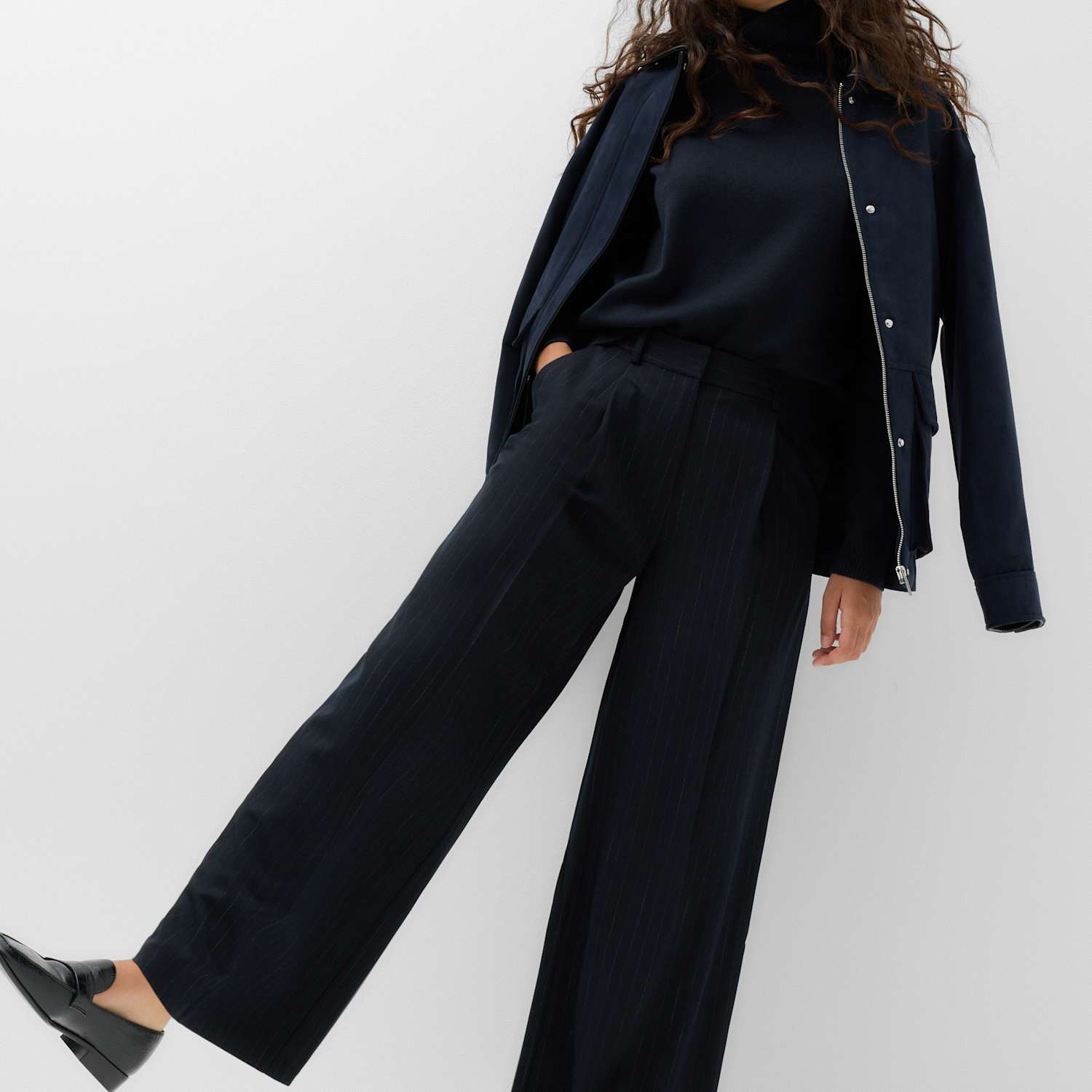 M&S Women's Woven Pinstripe Pleat Front Wide Leg Trousers - 12 - Navy Mix