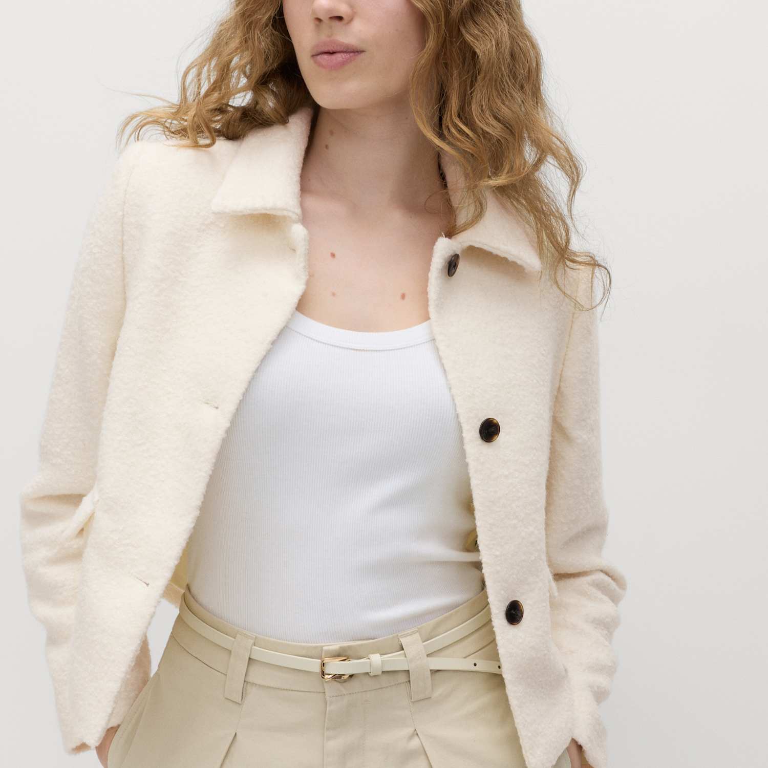 M&S Women's Tweed Textured Collared Jacket with Wool - 18 - Ivory