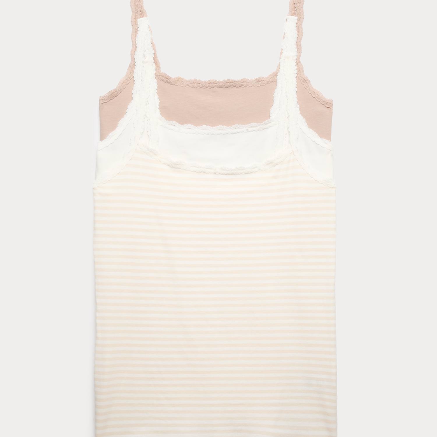 M&S Women's 3pk Cotton Rich Lace Trim Vests - 6 - Ivory Mix