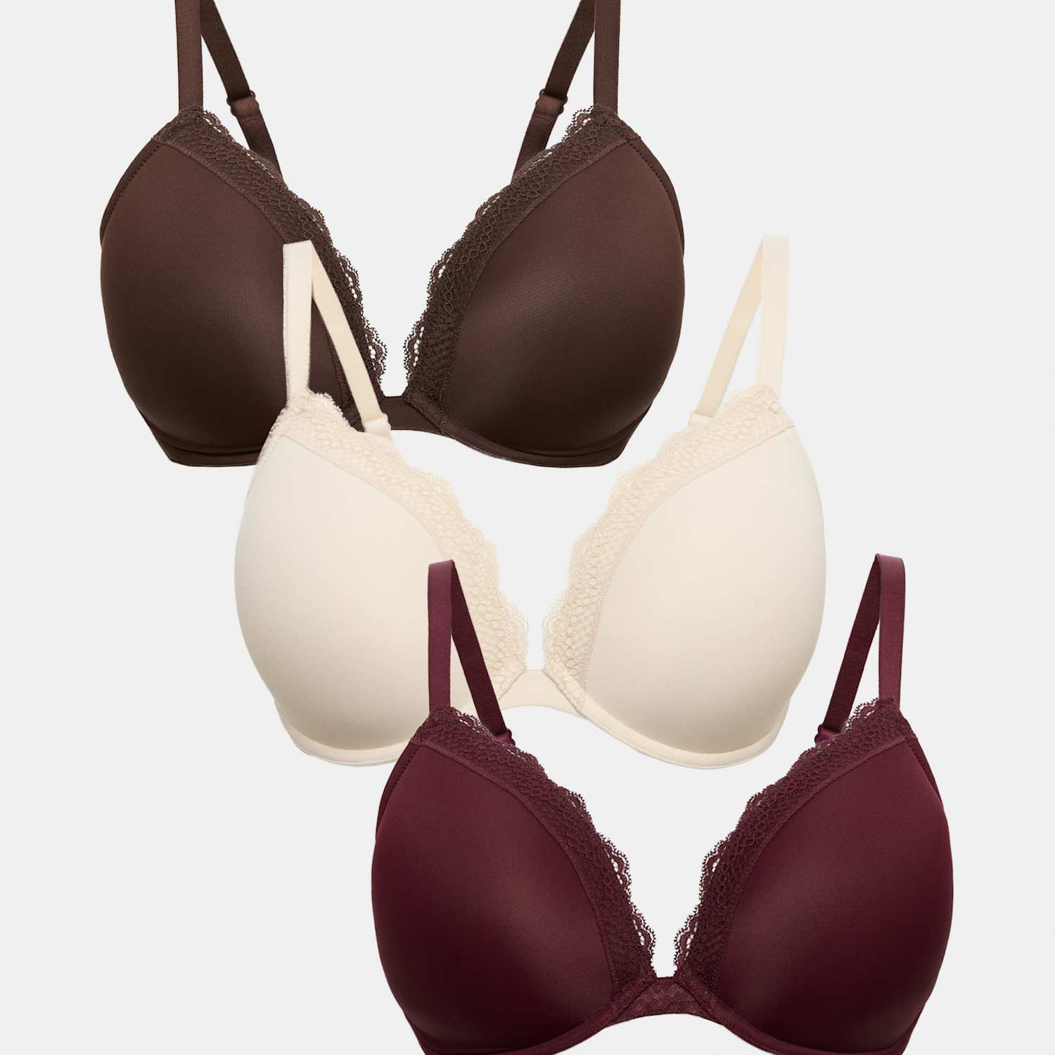 M&S Women's 3pk Padded Wired Plunge Bras F-H - 34G - Wine Mix