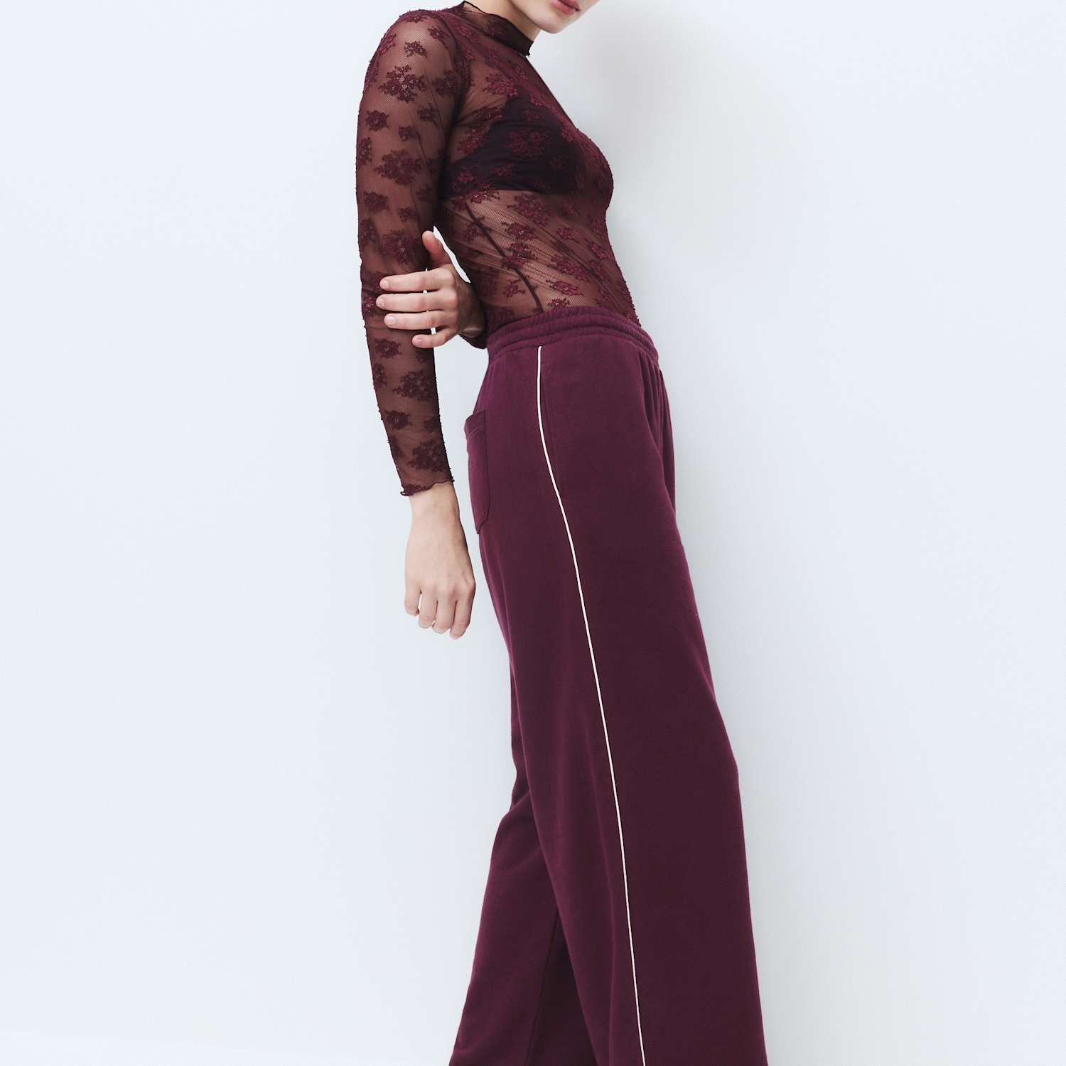 M&S Women's Cotton Rich Loopback Wide Leg Joggers - Small - Burgundy