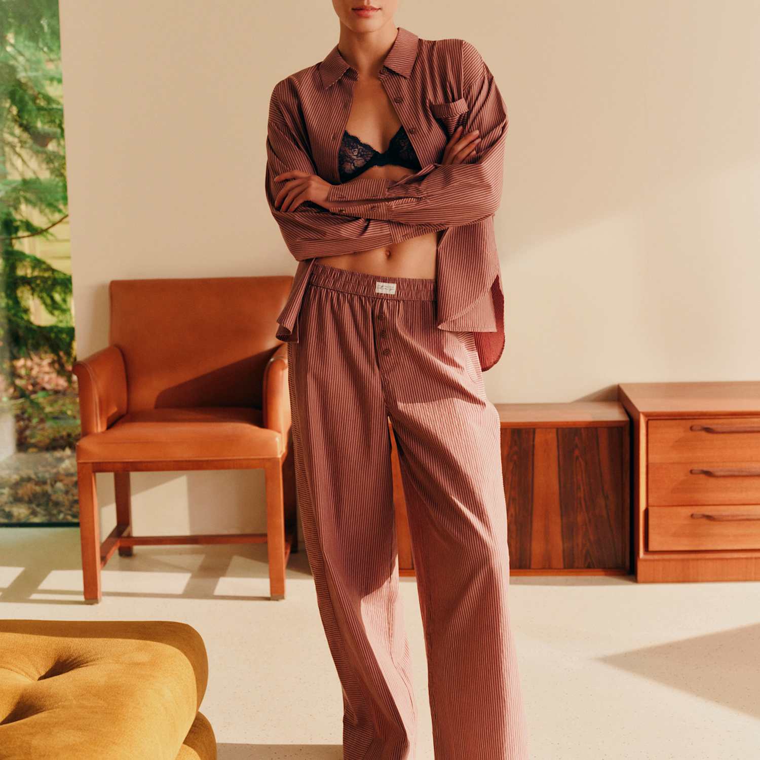 M&S Women's Pure Cotton Poplin Striped Pyjama Bottoms - 10 - Burgundy