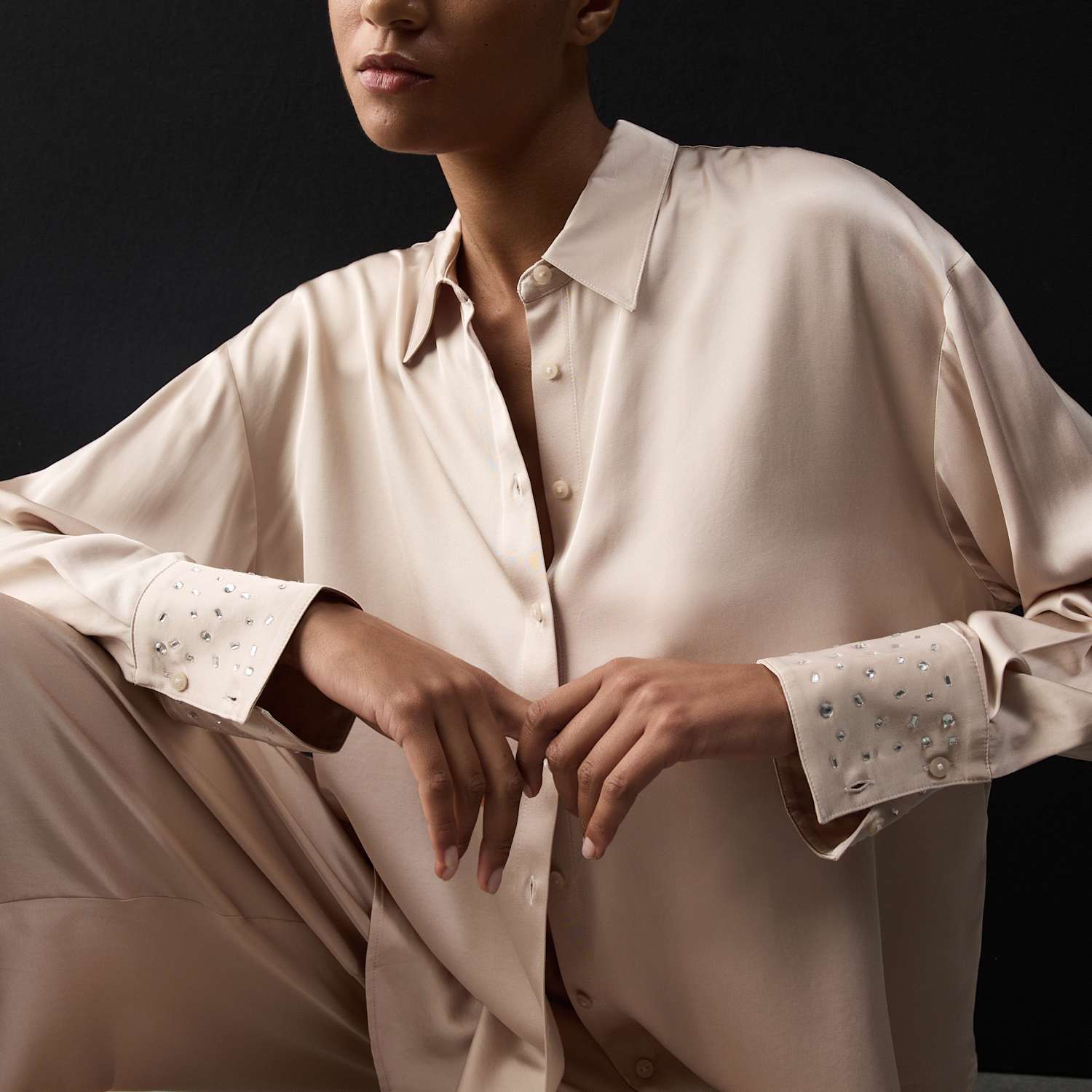 Autograph Women's Satin Embellished Pyjama Set - 22 - Light Beige